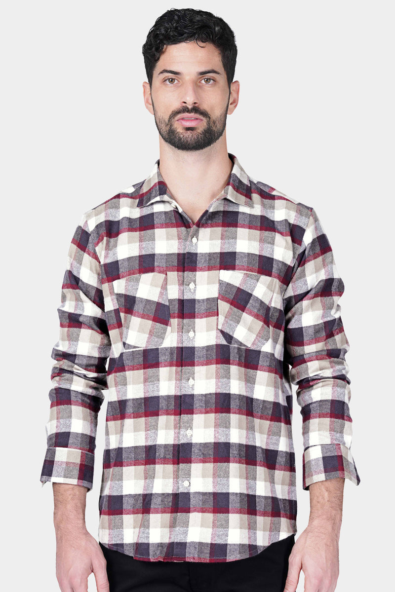 COMET GREY WITH MERLOT RED CHECKERED AND PRINTED FLANNEL DESIGNER SHIRT