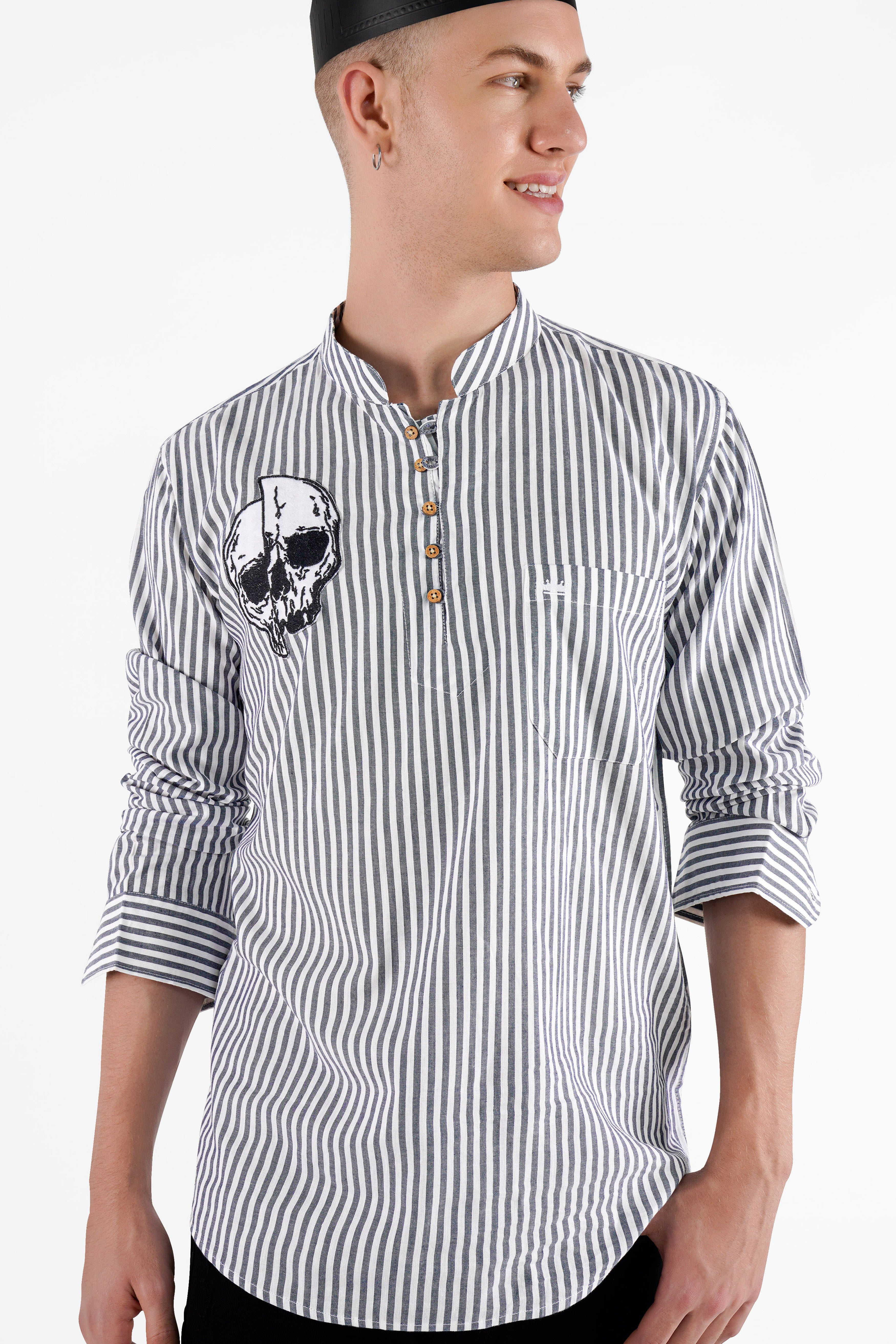 Bright White and Shuttle Gray Striped with Skull Embroidered Patchwork Premium Cotton Designer Kurta Shirt