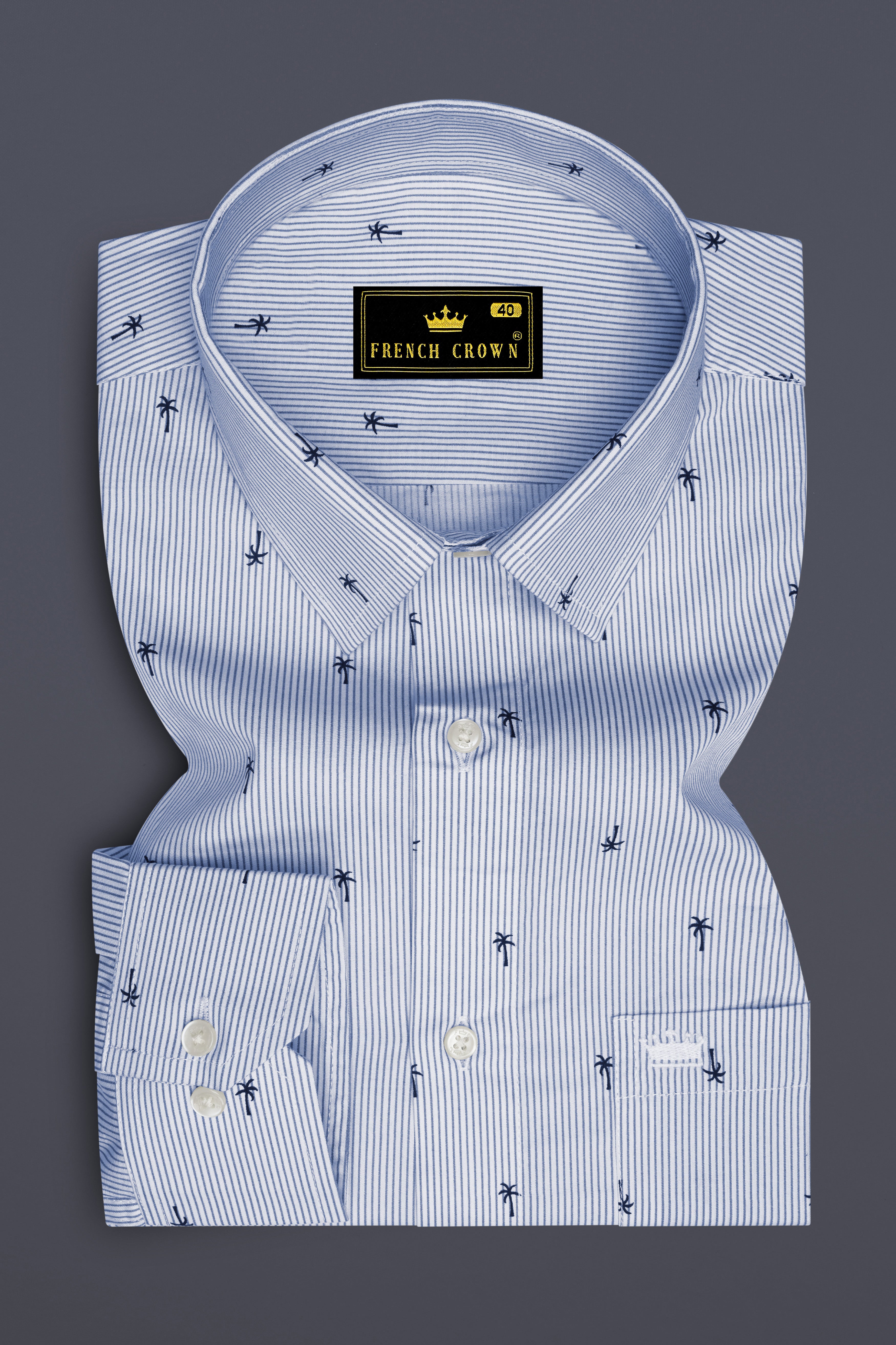 Pastel Blue with White Striped and Printed Premium Cotton Shirt