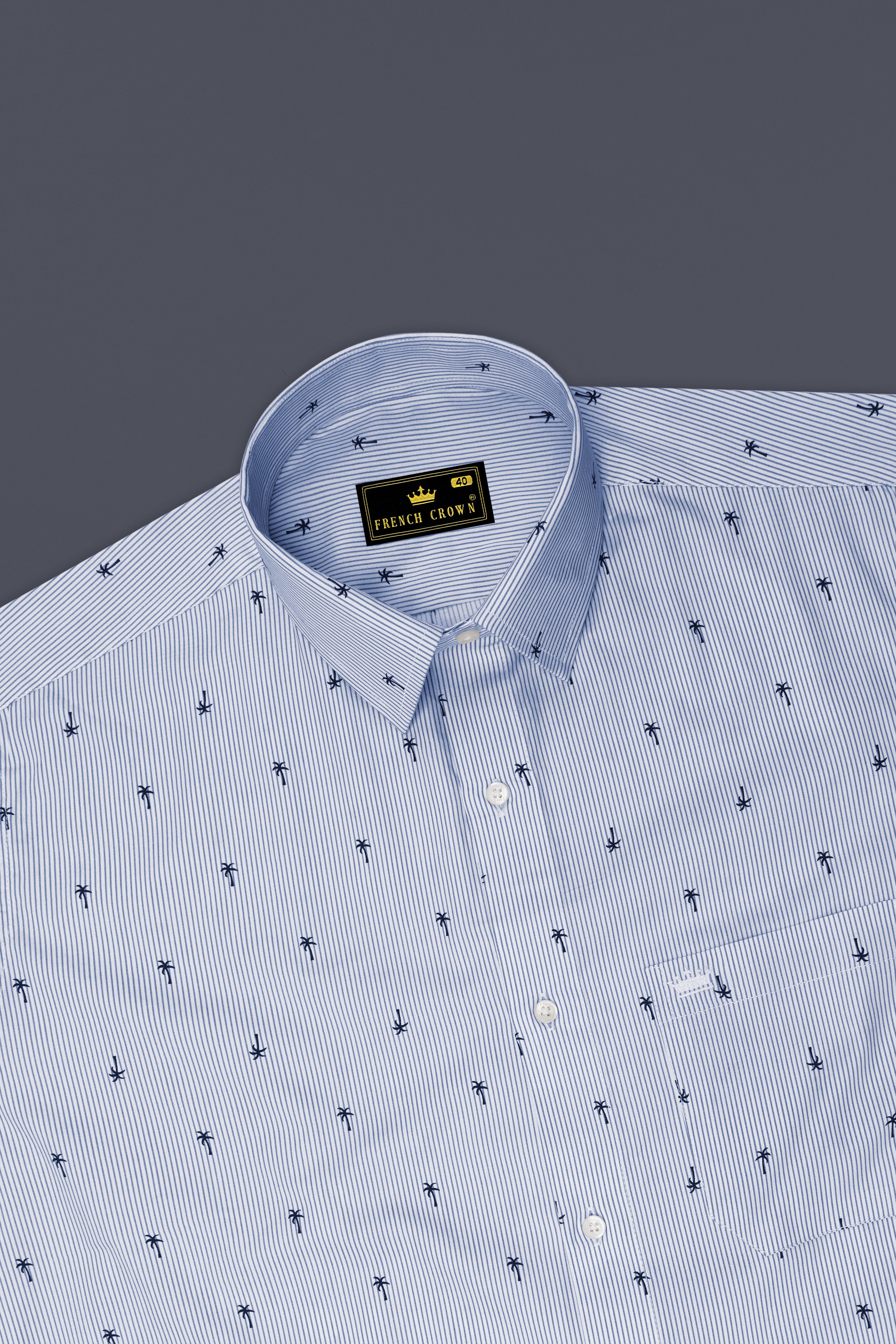 Pastel Blue with White Striped and Printed Premium Cotton Shirt
