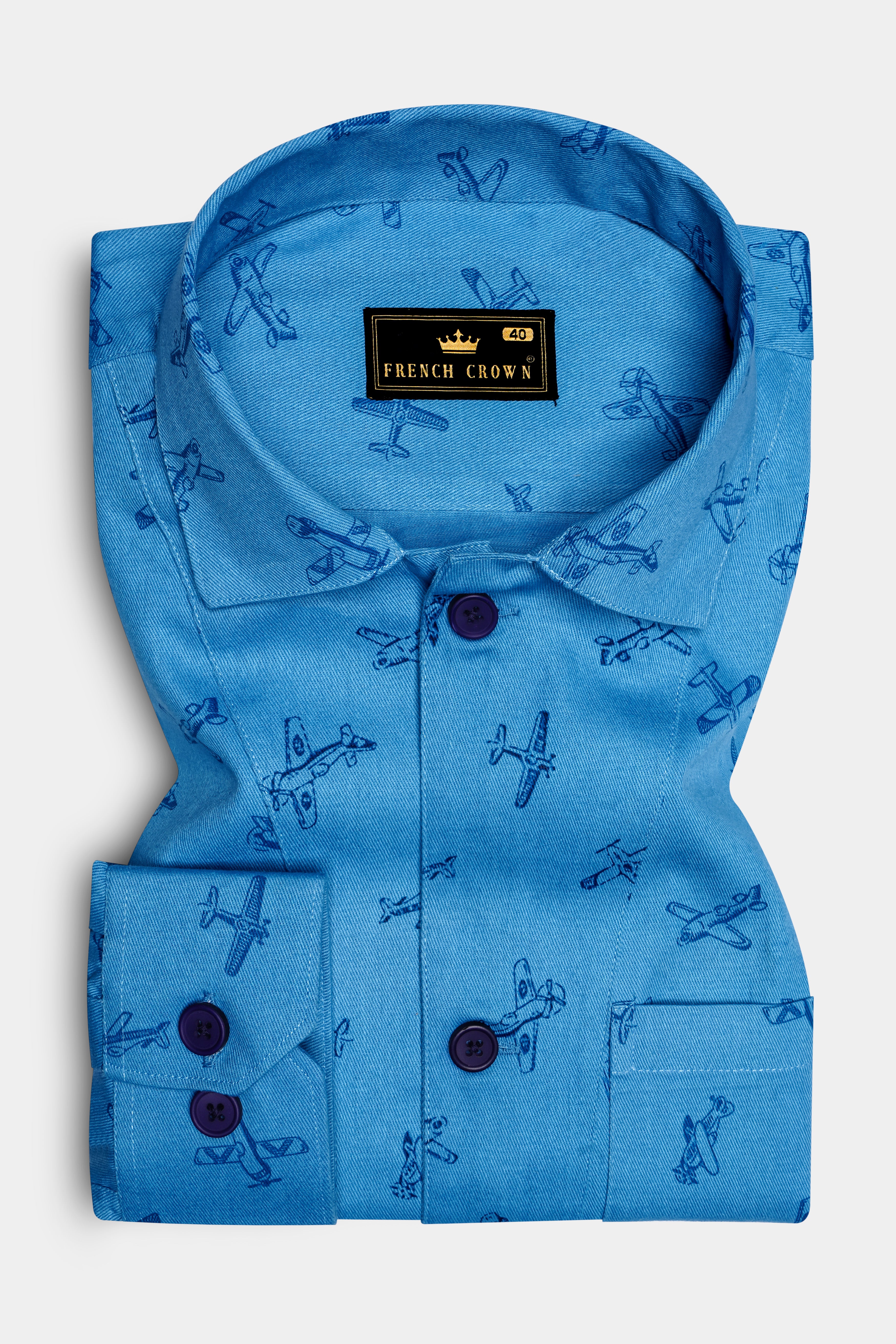 Hippie Blue Airplane Printed Royal Oxford Designer Overshirt