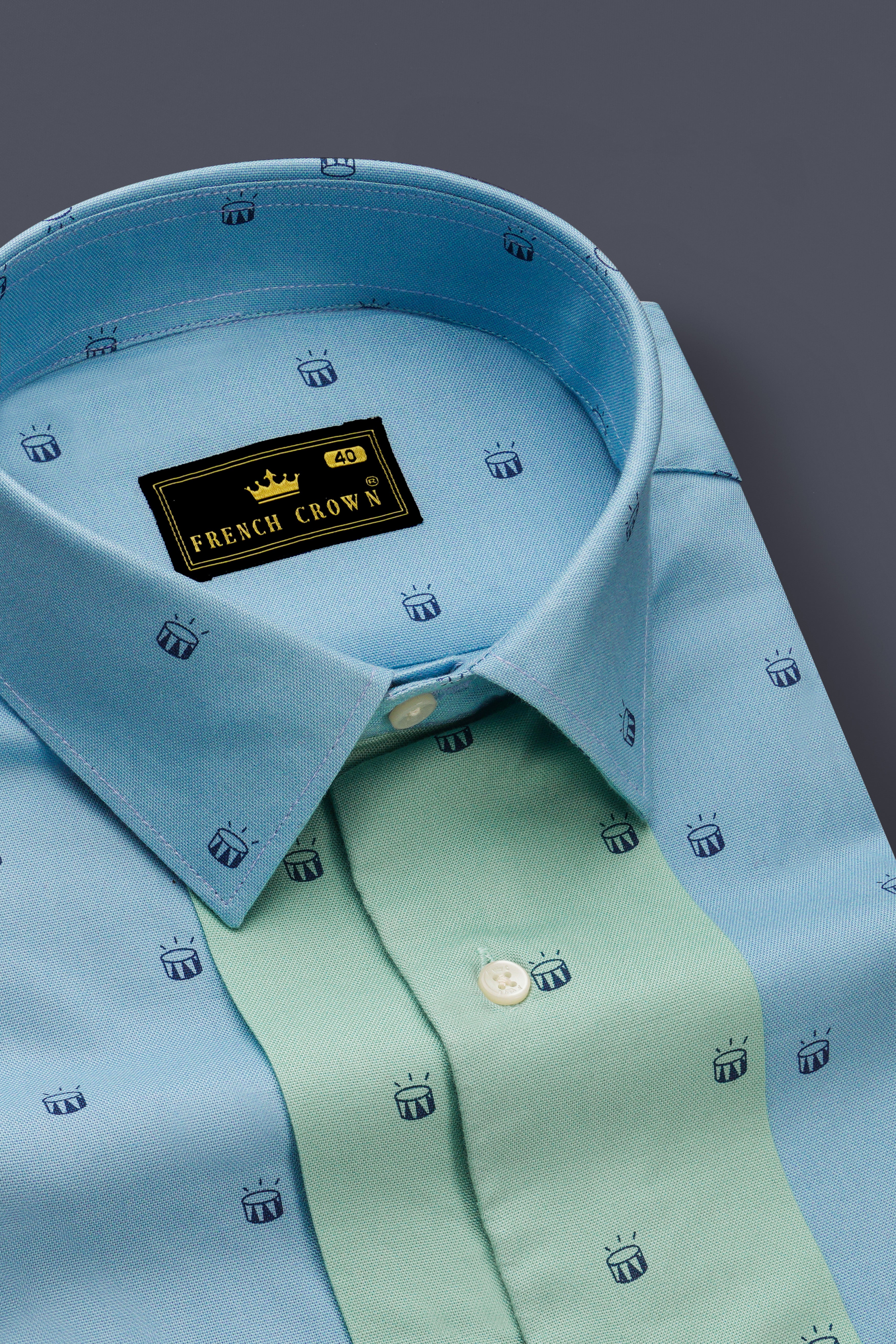 Stream Blue Drums Printed with Green Patches Royal Oxford Designer Overshirt