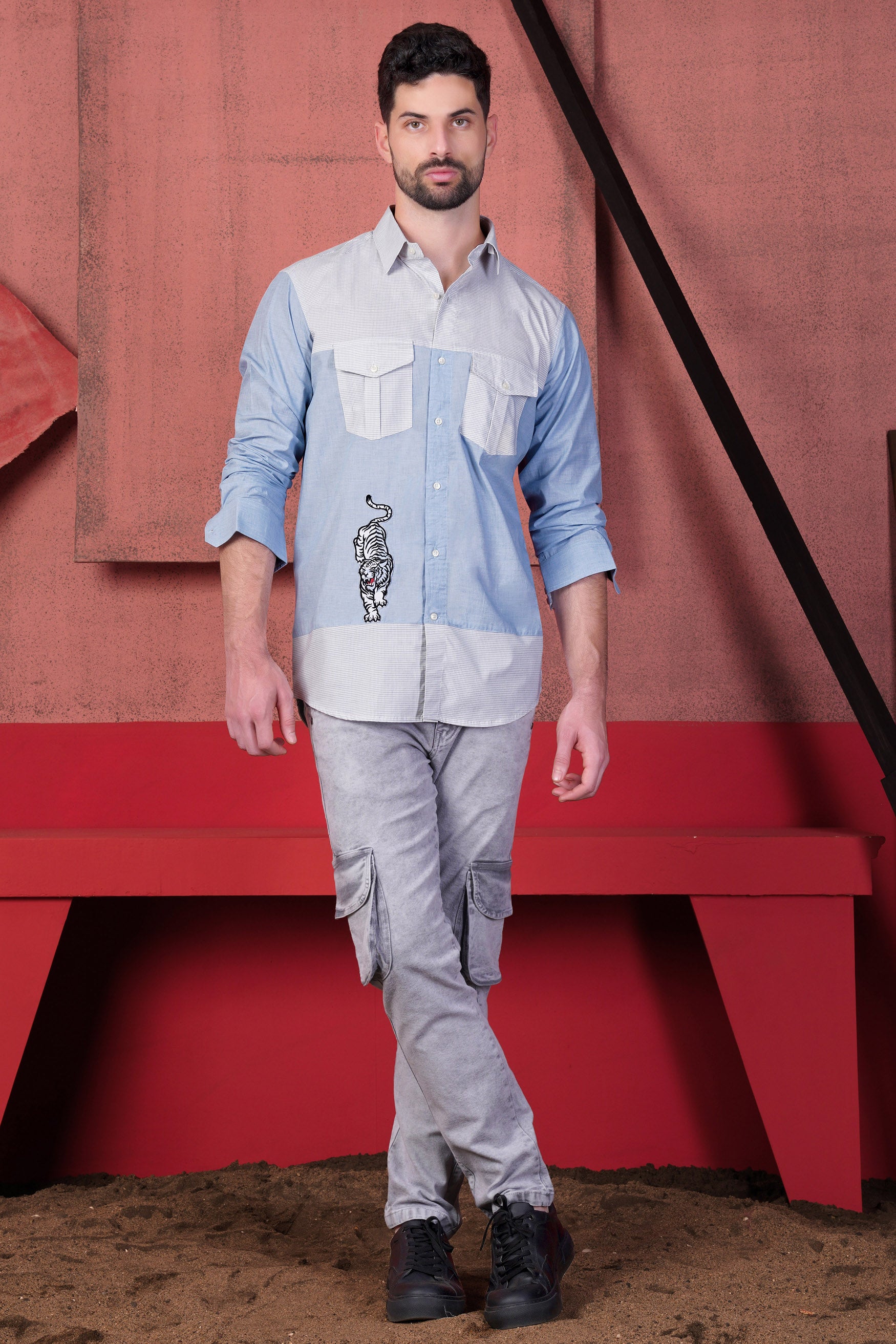 Bright White and Tealish Blue Tiger Patchwork Premium Cotton Designer Shirt