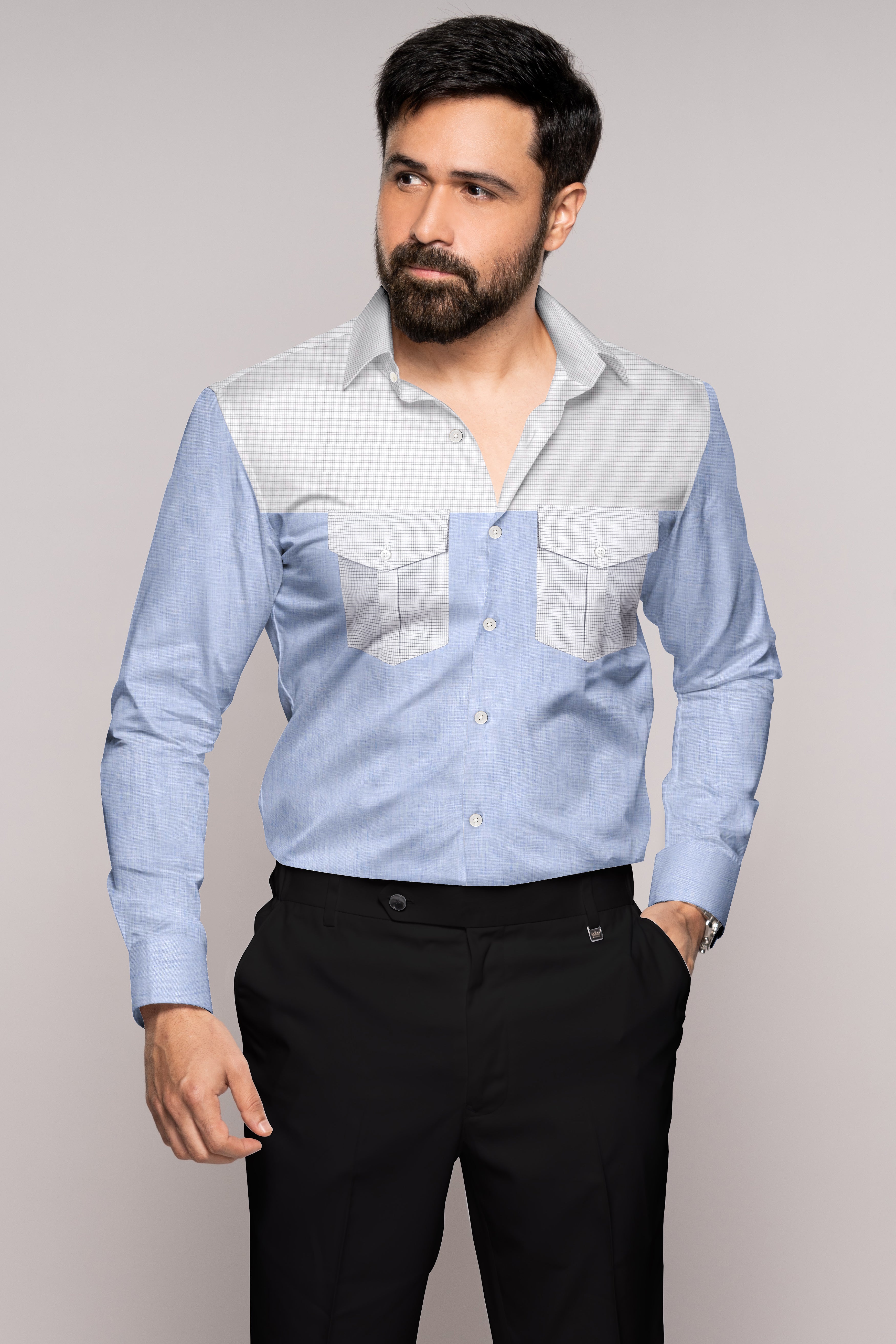 Off White with Pastel Blue Premium Cotton Designer Shirt