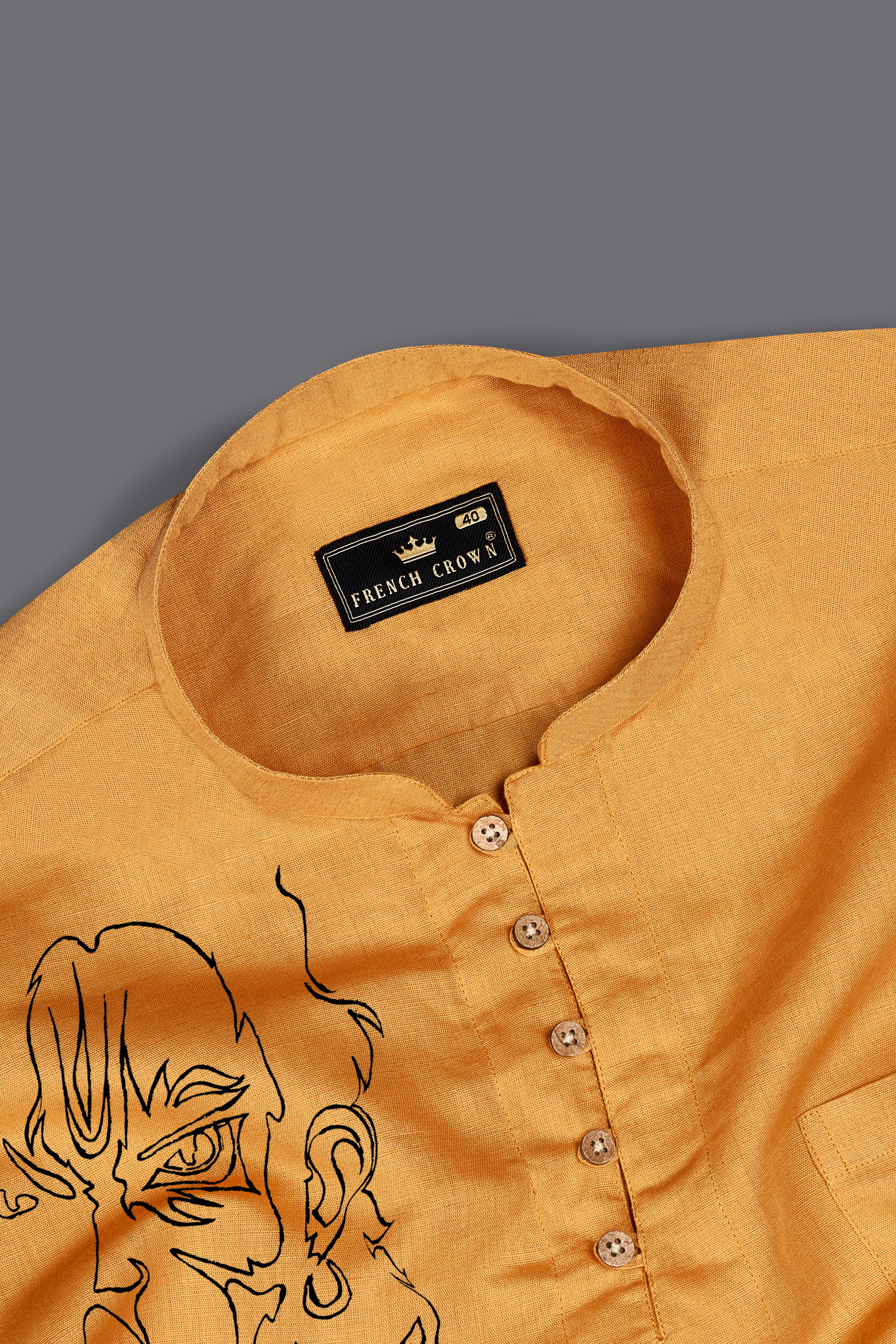 Tangerine Orange Lord Hanuman Hand Painted Luxurious Linen Designer Kurta Shirt