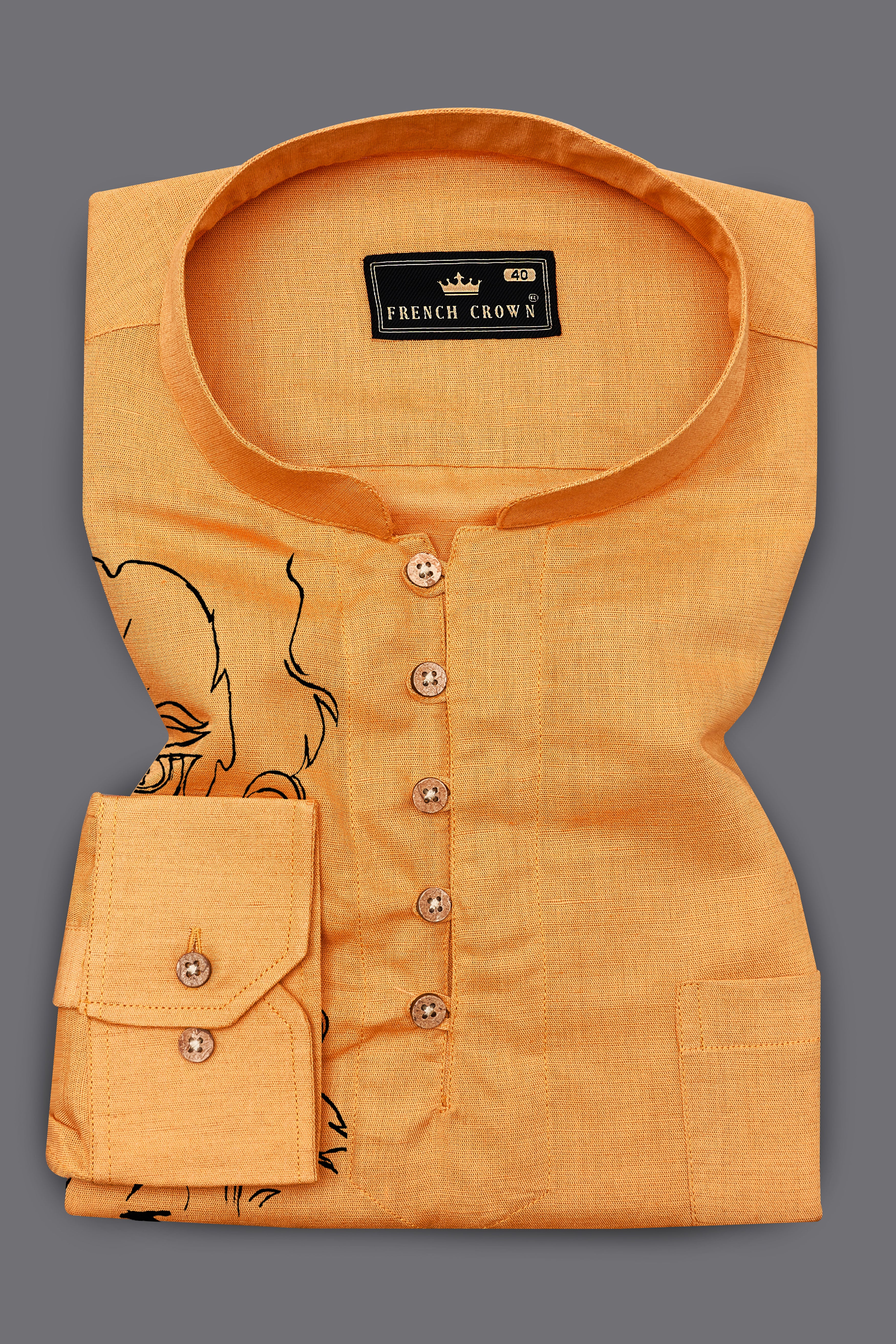 Tangerine Orange Lord Hanuman Hand Painted Luxurious Linen Designer Kurta Shirt