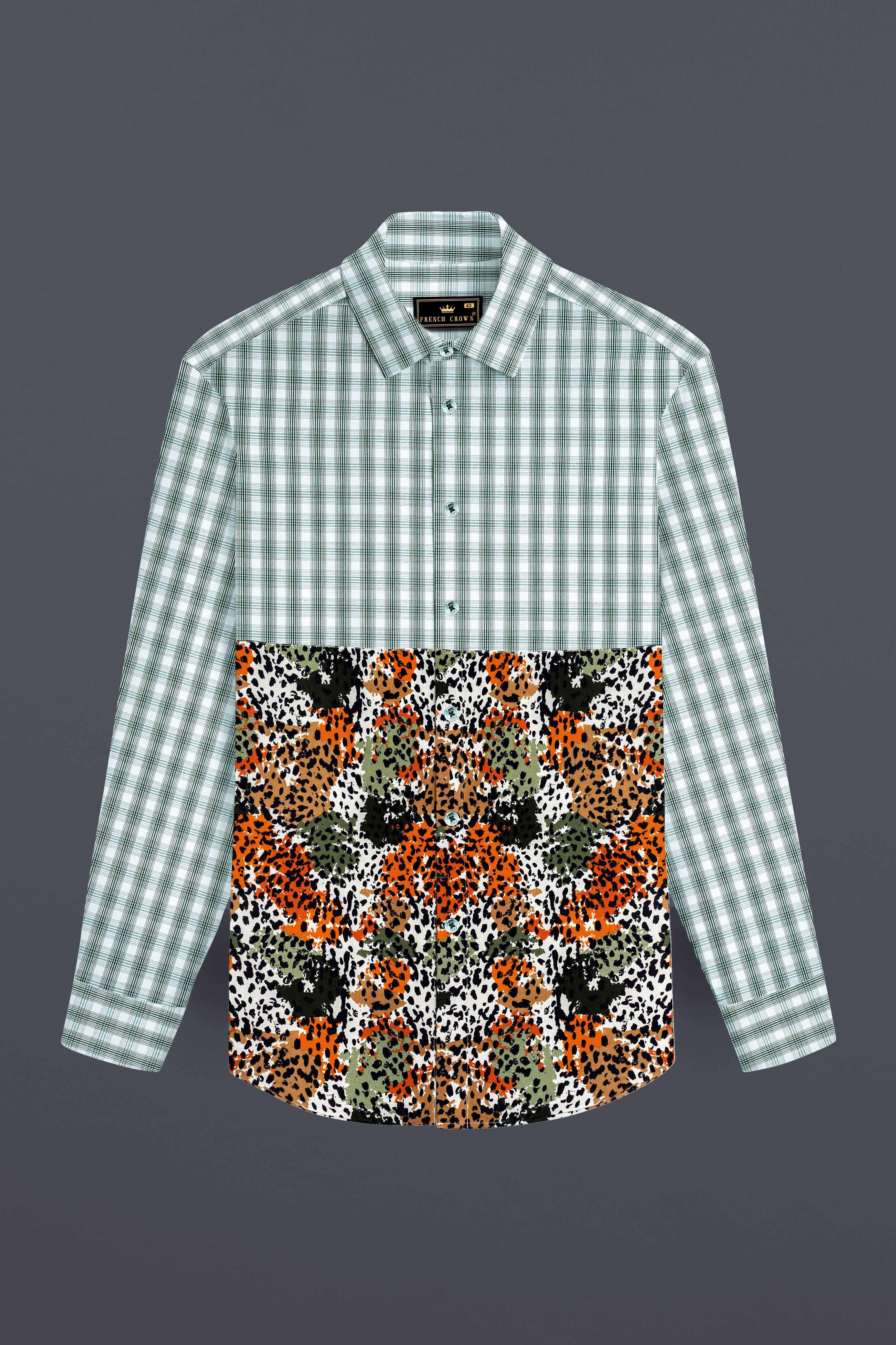 Plantation Green with White Checkered and Tiger Striped Premium Cotton Designer Shirt