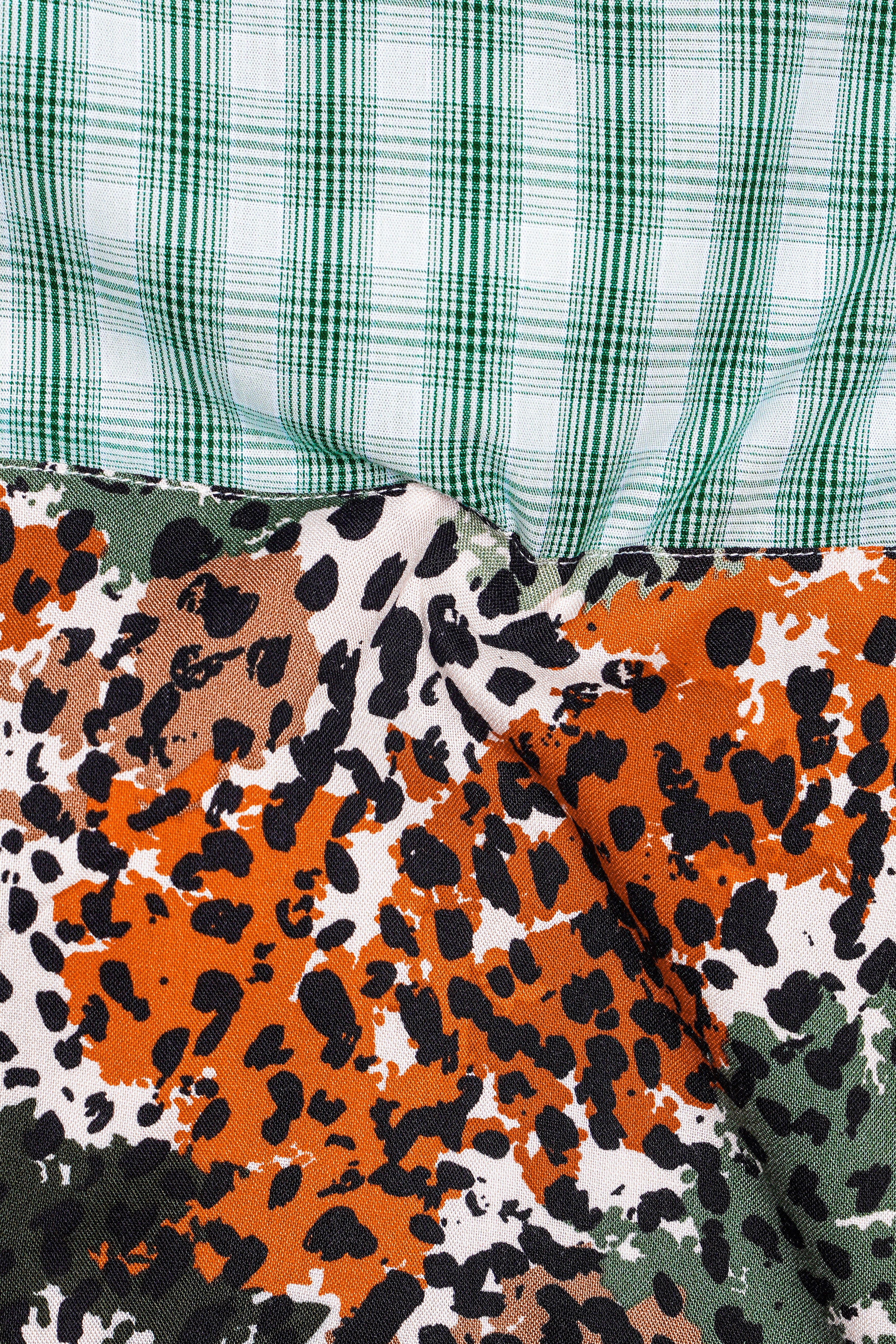 Plantation Green with White Checkered and Tiger Striped Premium Cotton Designer Shirt