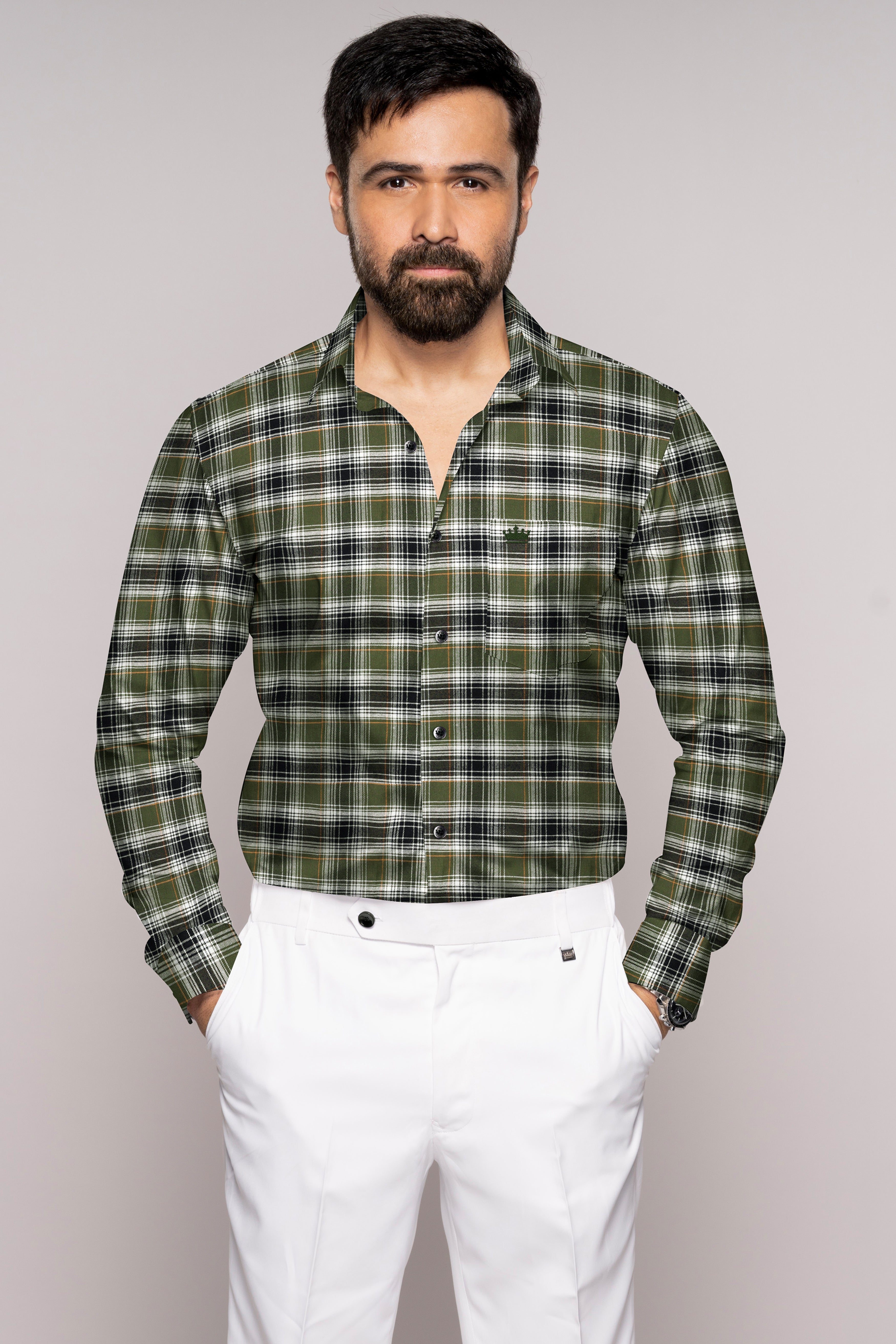 Camouflage Green with Zeus Black Plaid Flannel Shirt