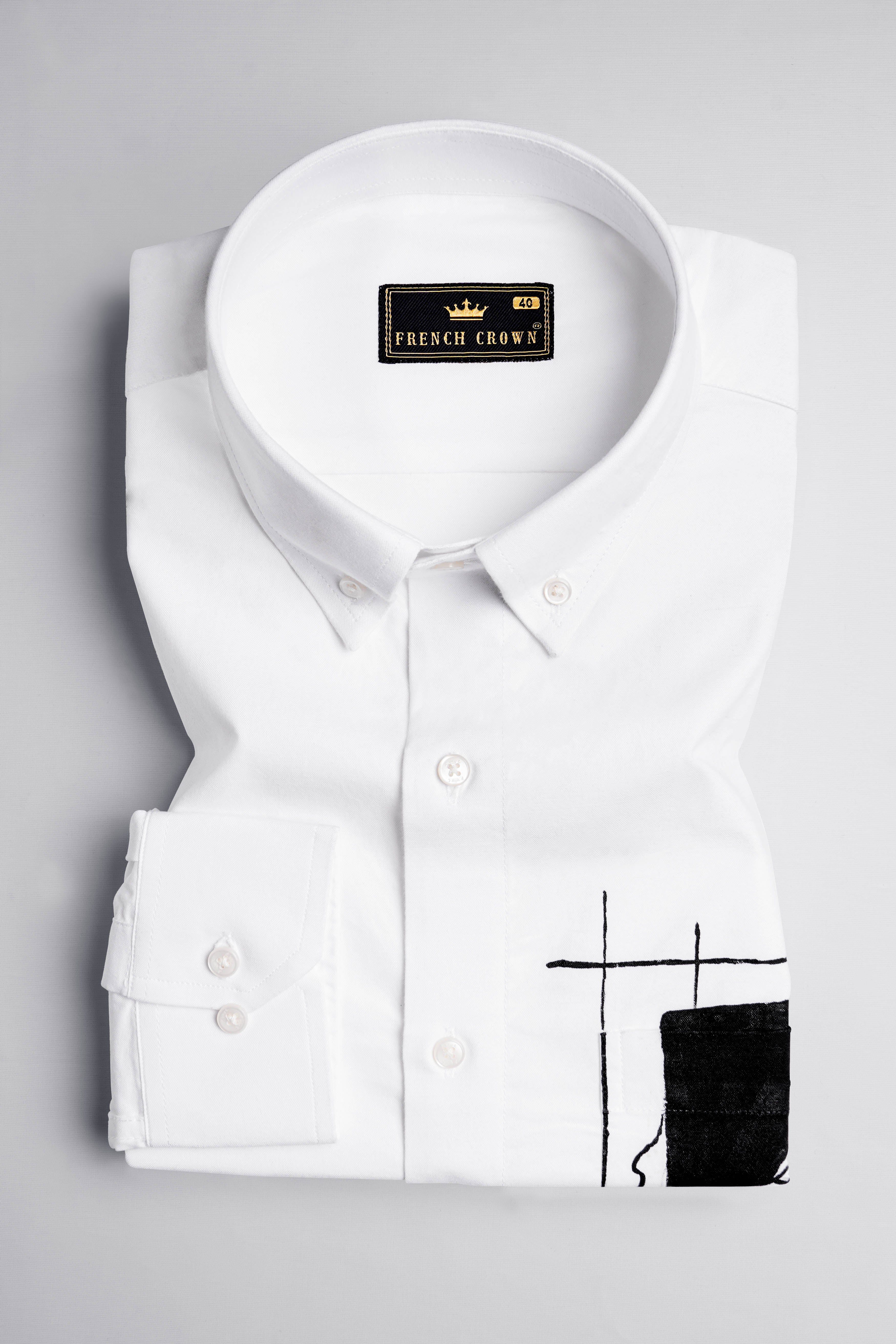 Bright White with Black Hand Painted Royal Oxford Designer Shirt
