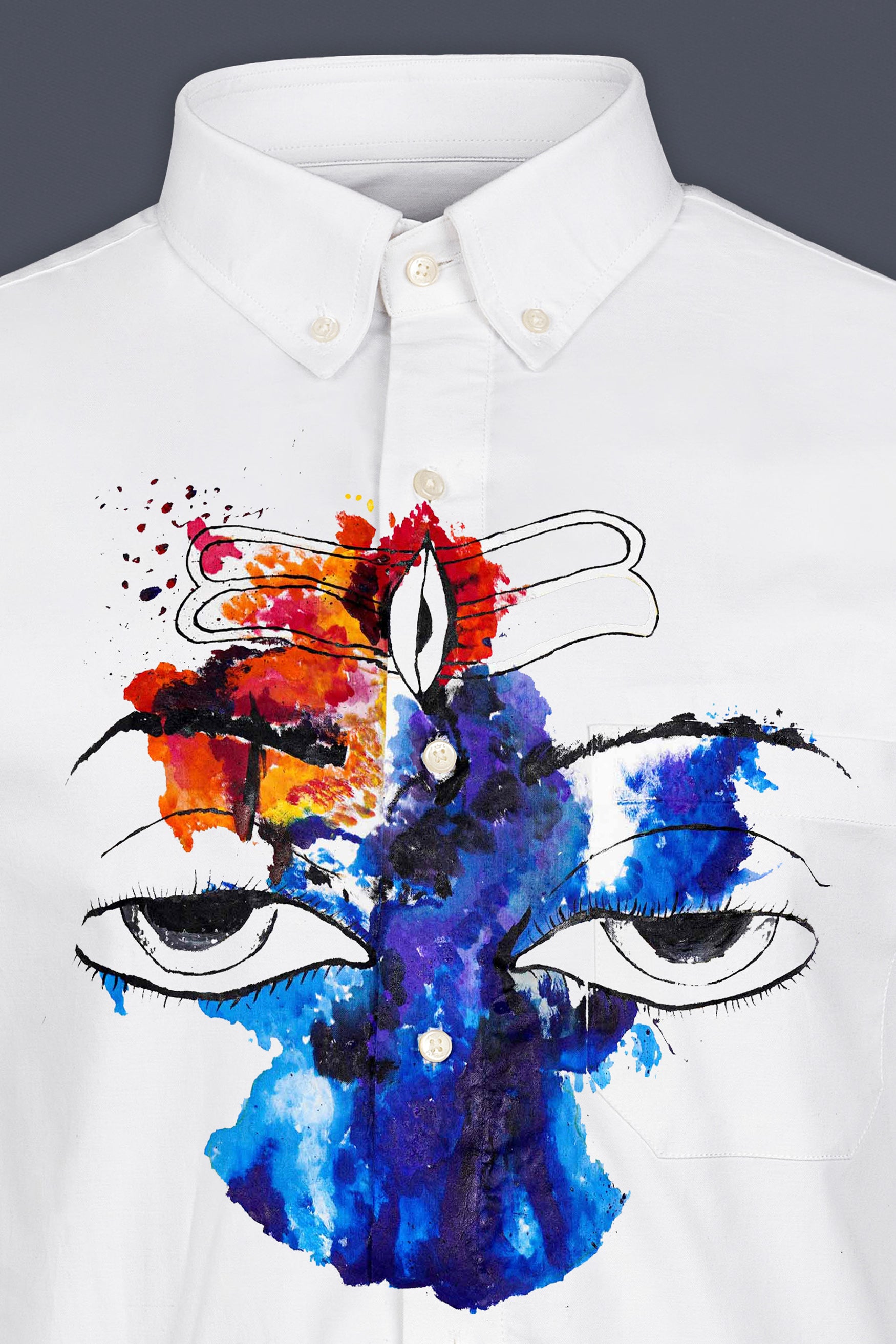 Bright White Shiva Face Hand Painted Royal Oxford Designer Shirt