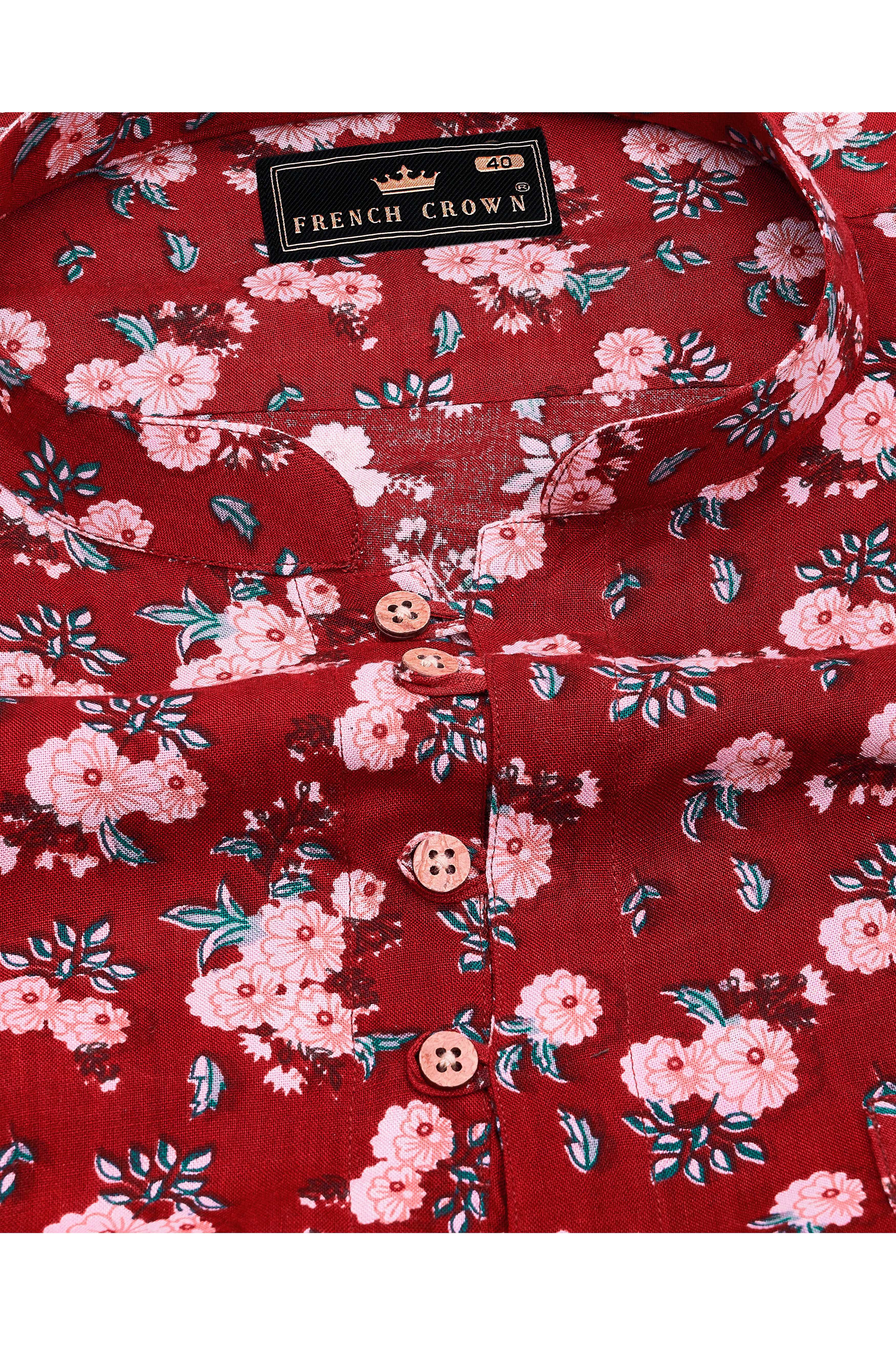 Merlot Red Floral Printed with Funky Patchwork Premium Tencel Designer Kurta Shirt