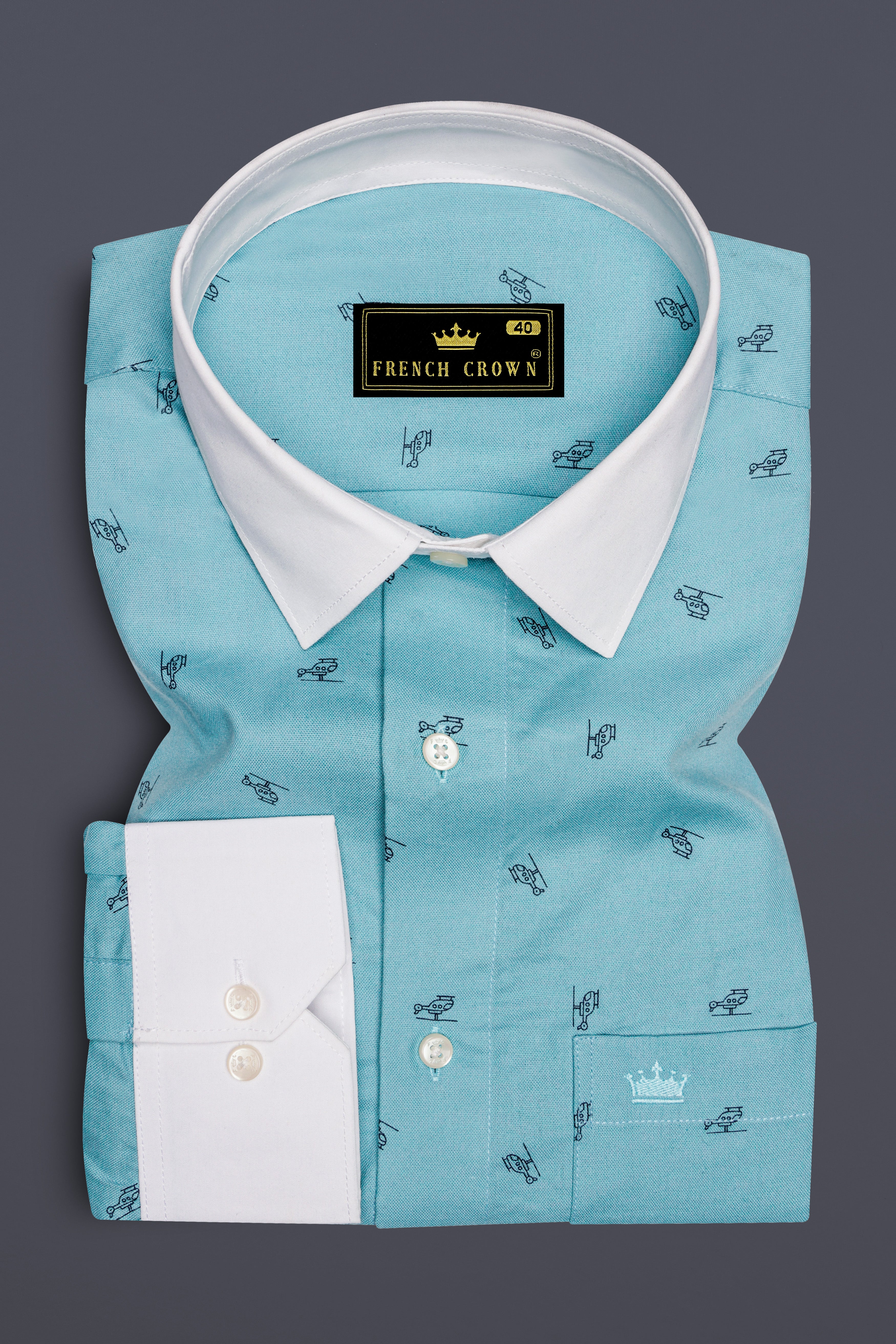 Opaque Aqua Blue Helicopter Printed Royal Oxford Shirt