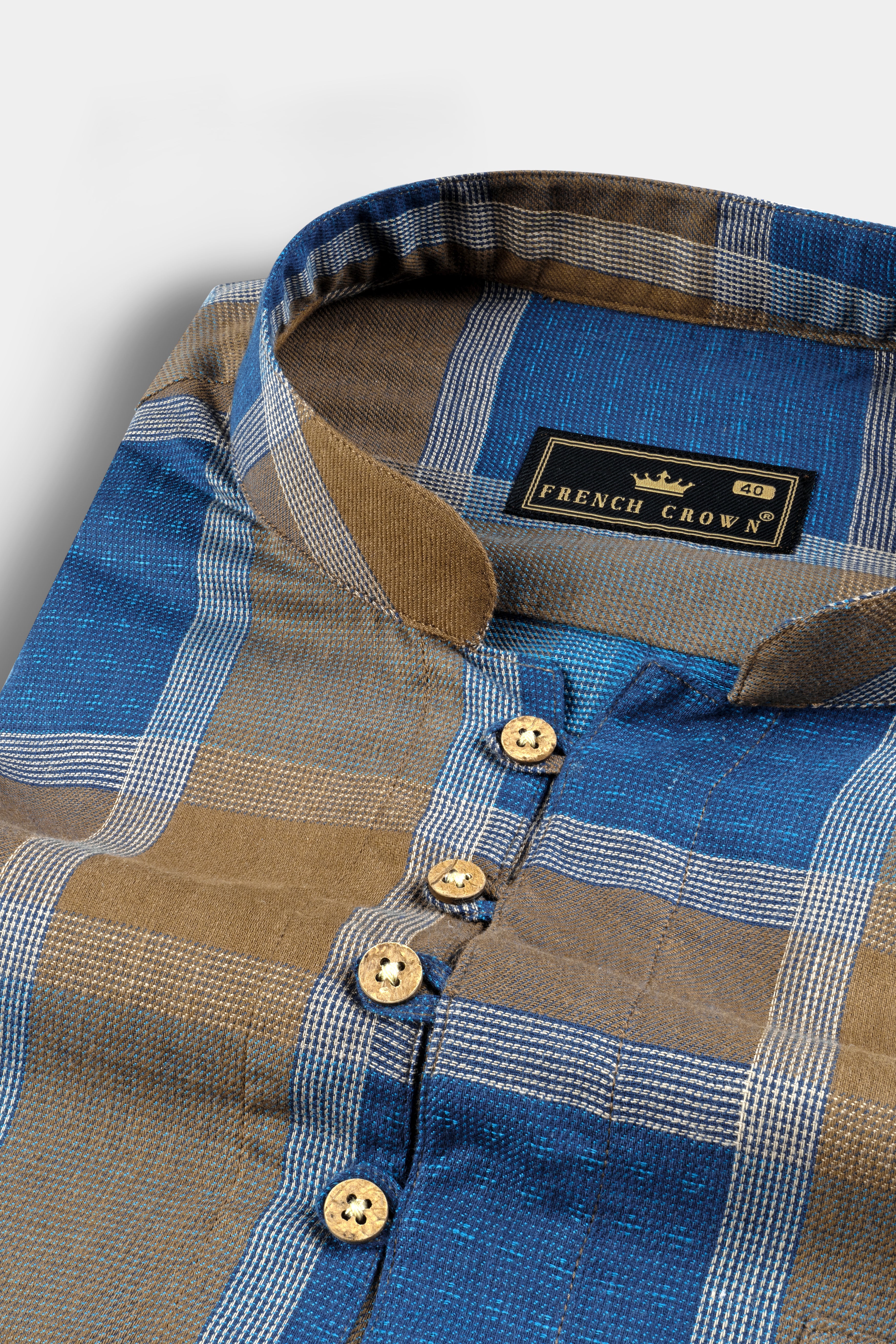 Lochmara Blue with Pesto Brown Checked Dobby Textured Premium Giza Cotton Kurta Shirt