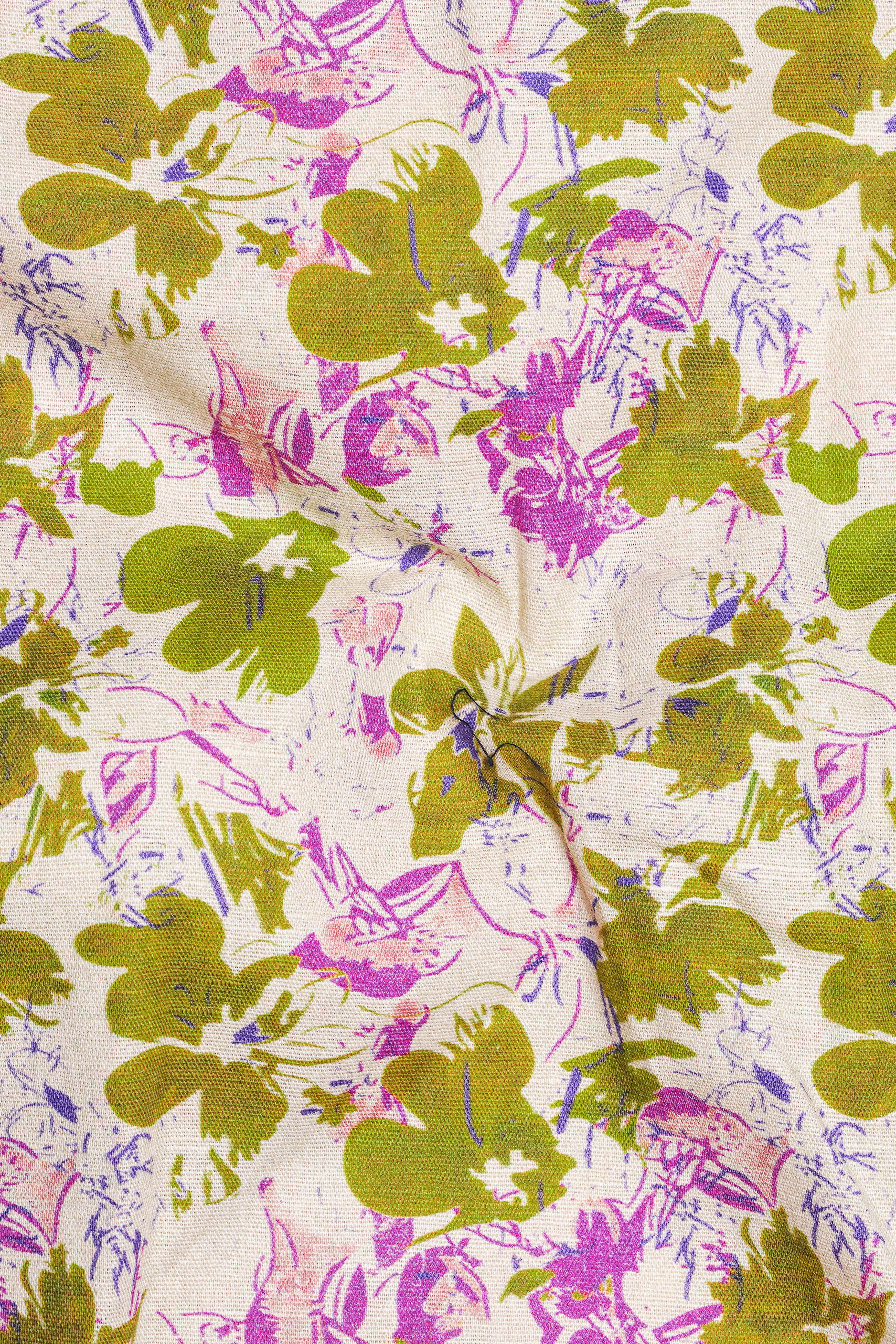 Albescent Cream with Alpine Green Multicolour Floral Textured Luxurious Linen Shirt