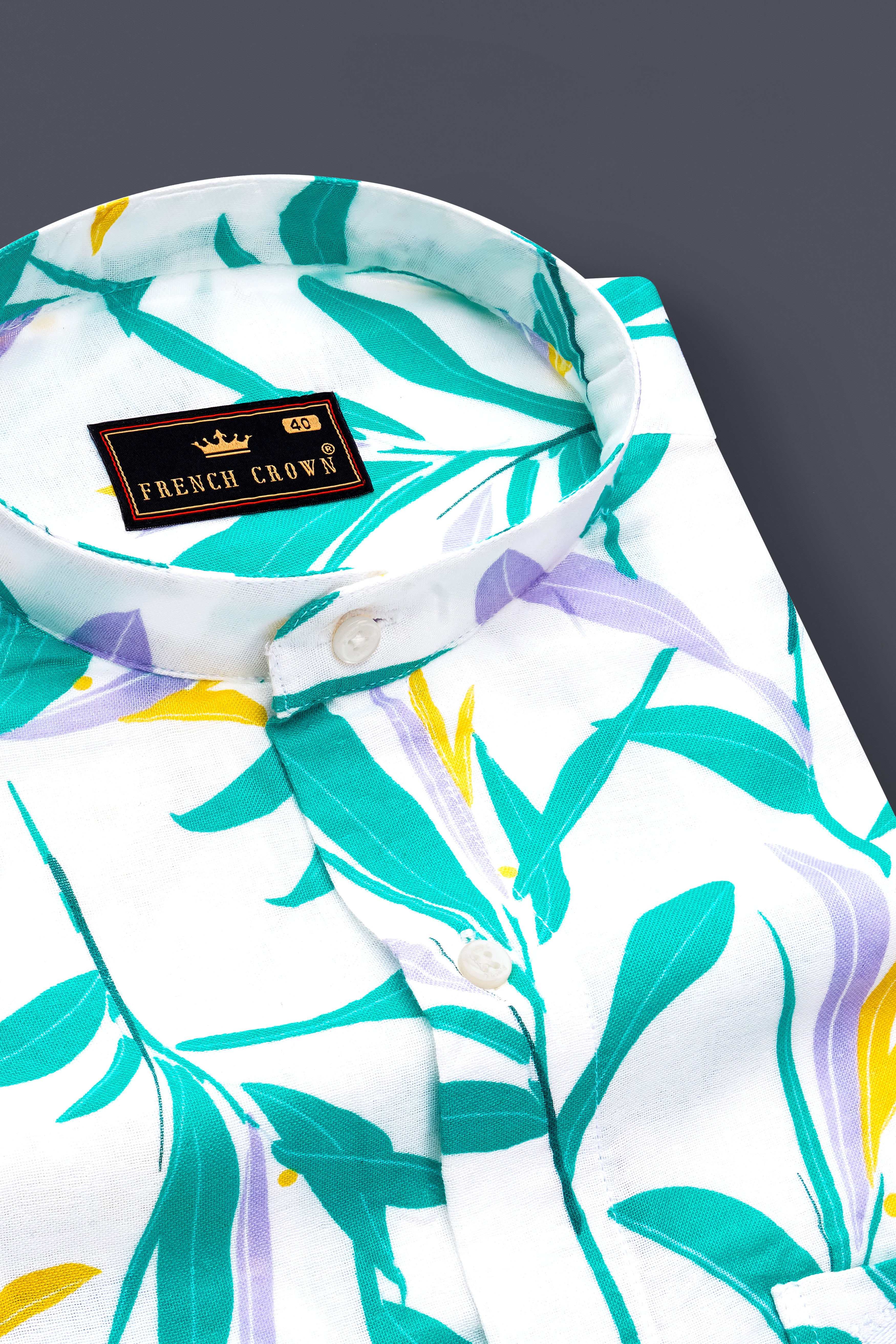 Bright White with Multicolour Leaves Printed Royal Oxford Shirt