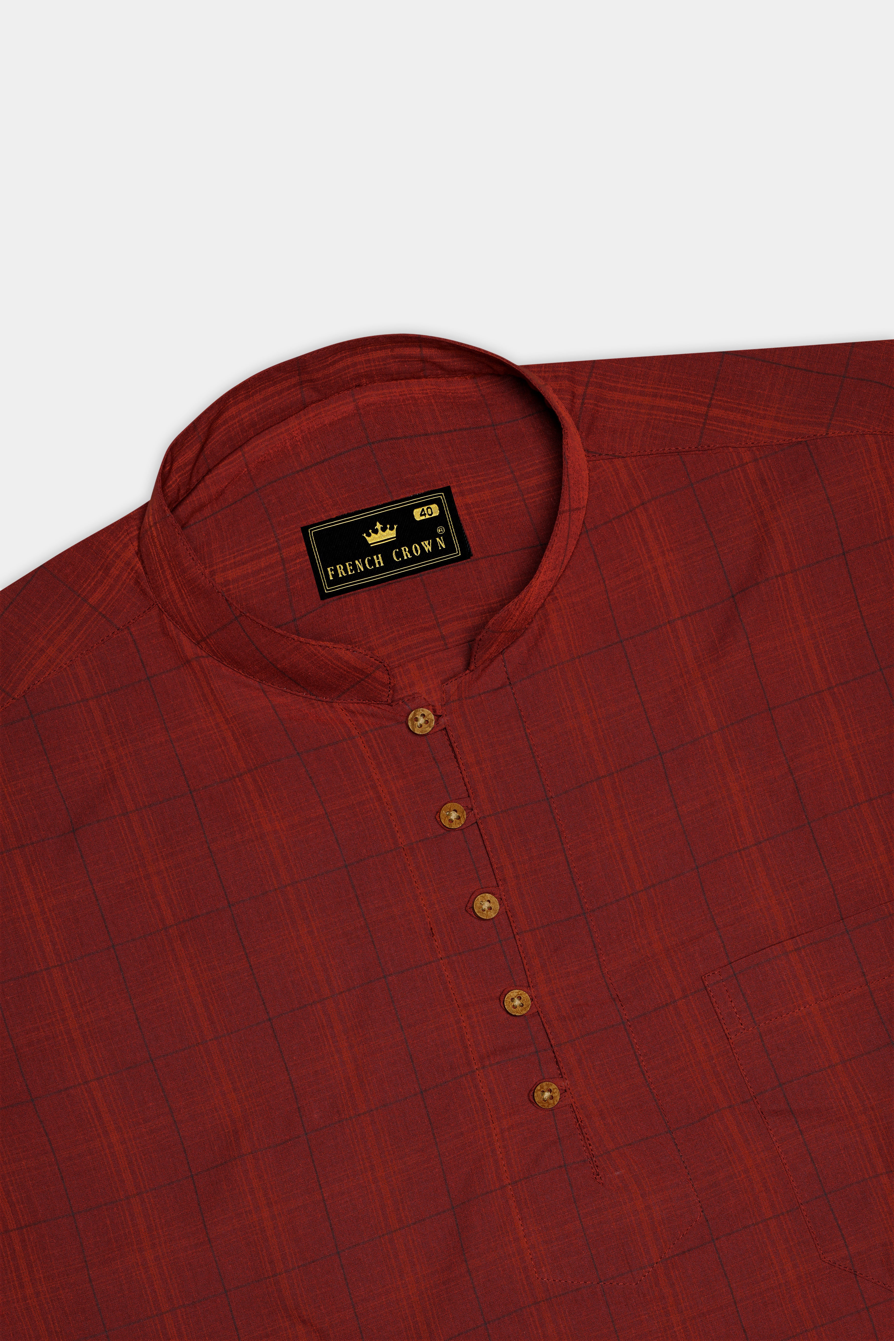 Lotus Red Plaid Premium Cotton Kurta Shirt