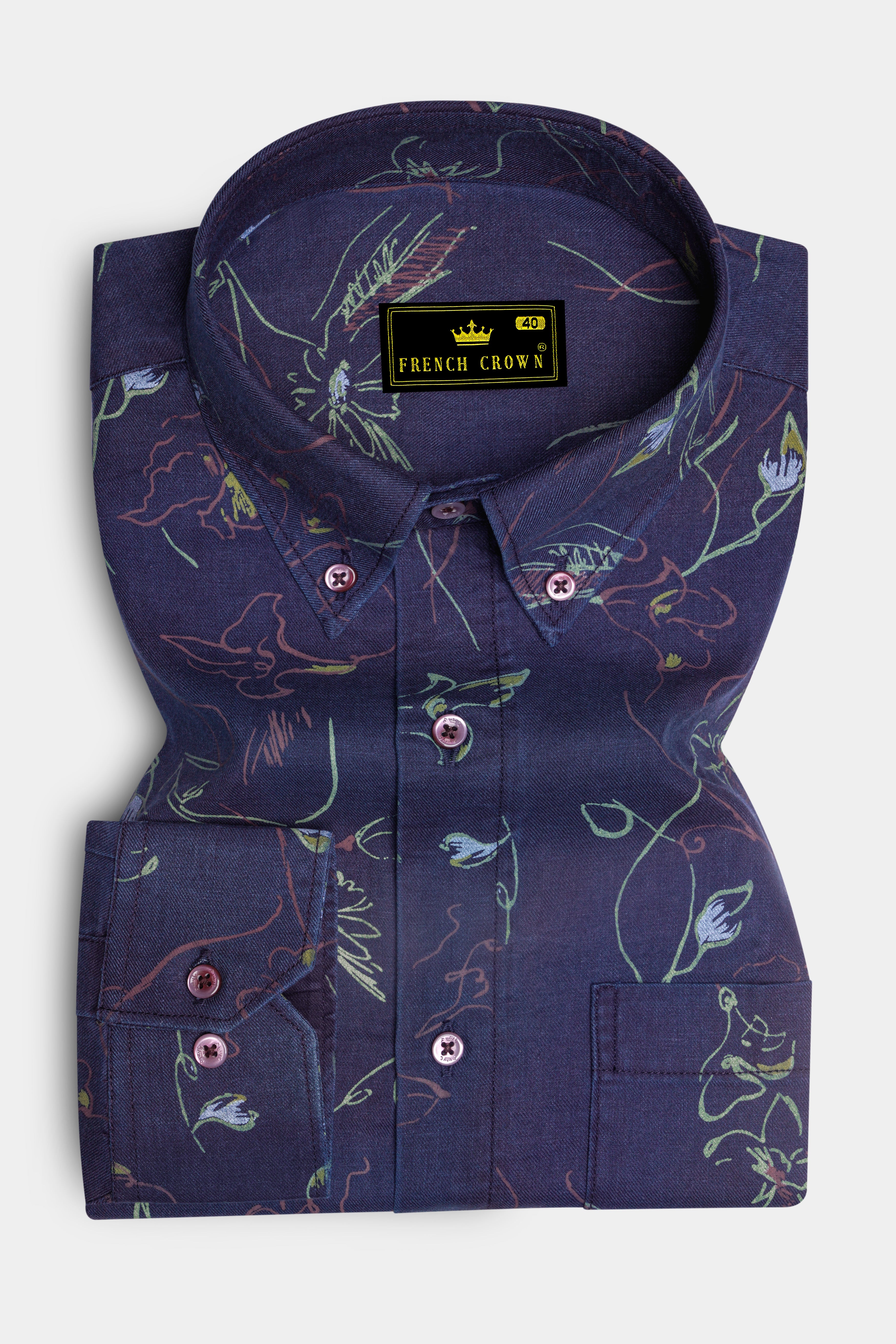 Martinique Blue Floral Textured With Maroon Buttondown Denim Shirt
