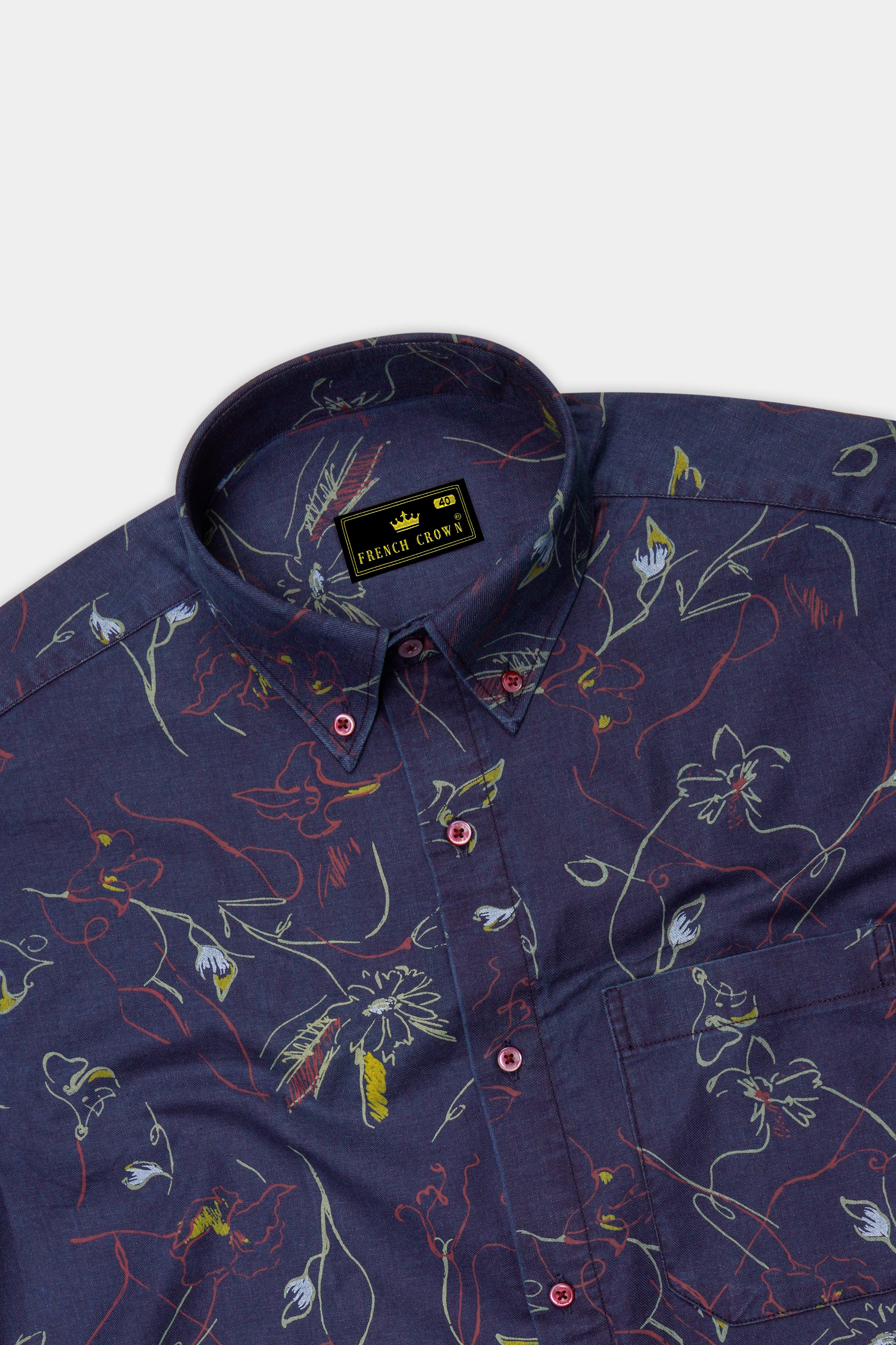 Martinique Blue Floral Textured With Maroon Buttondown Denim Shirt