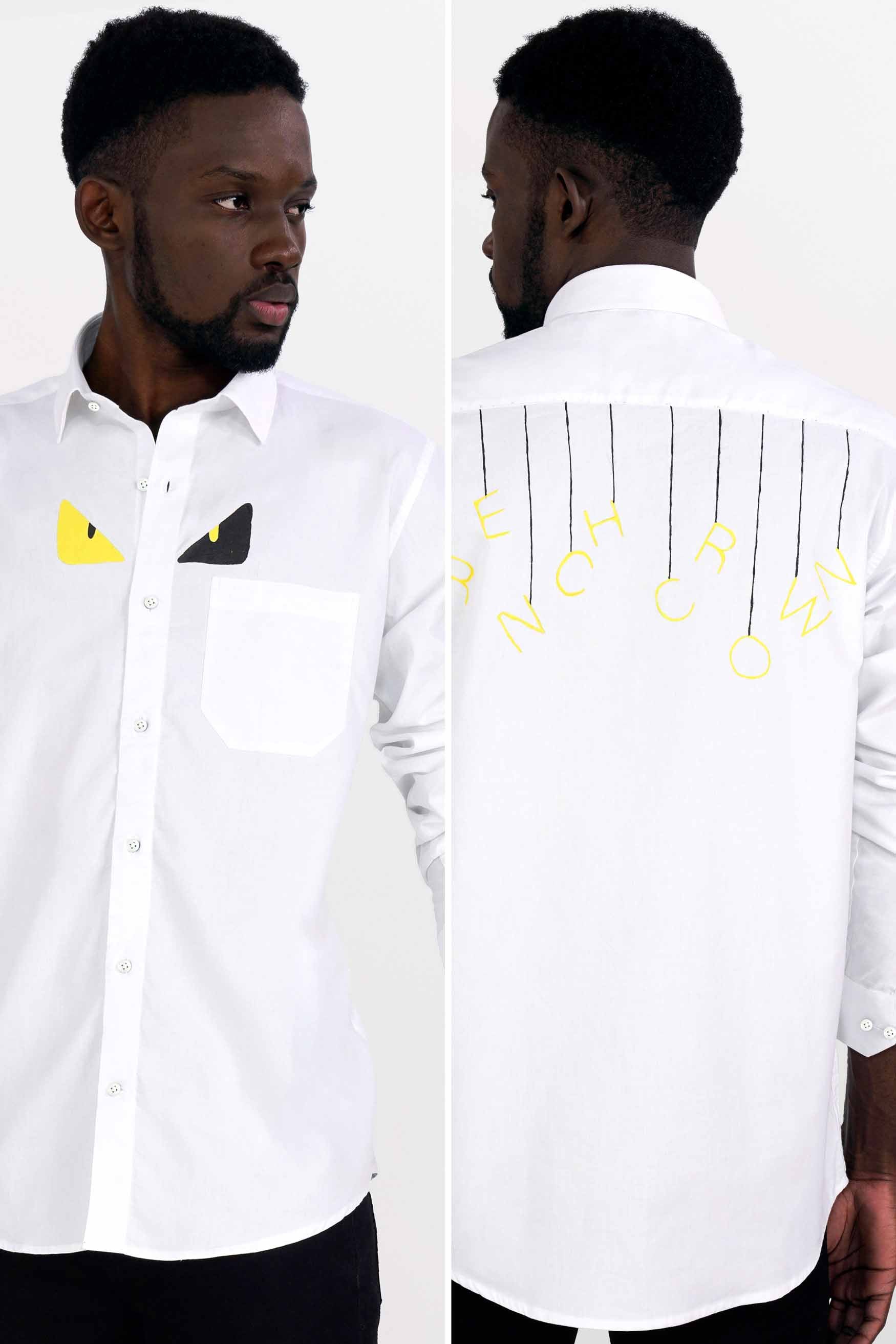 Bright White with Canary Yellow and Black Formal/Casual Textured Premium  Cotton Shirt For Men