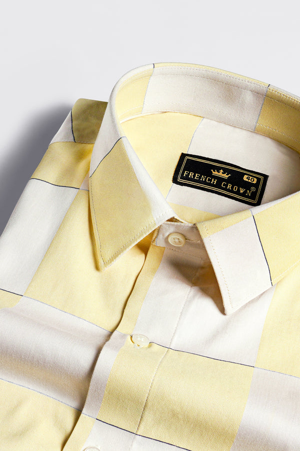 Albescent Cream with Maezipan Yellow Checked Jacquard Textured Premium Giza Cotton Shirt