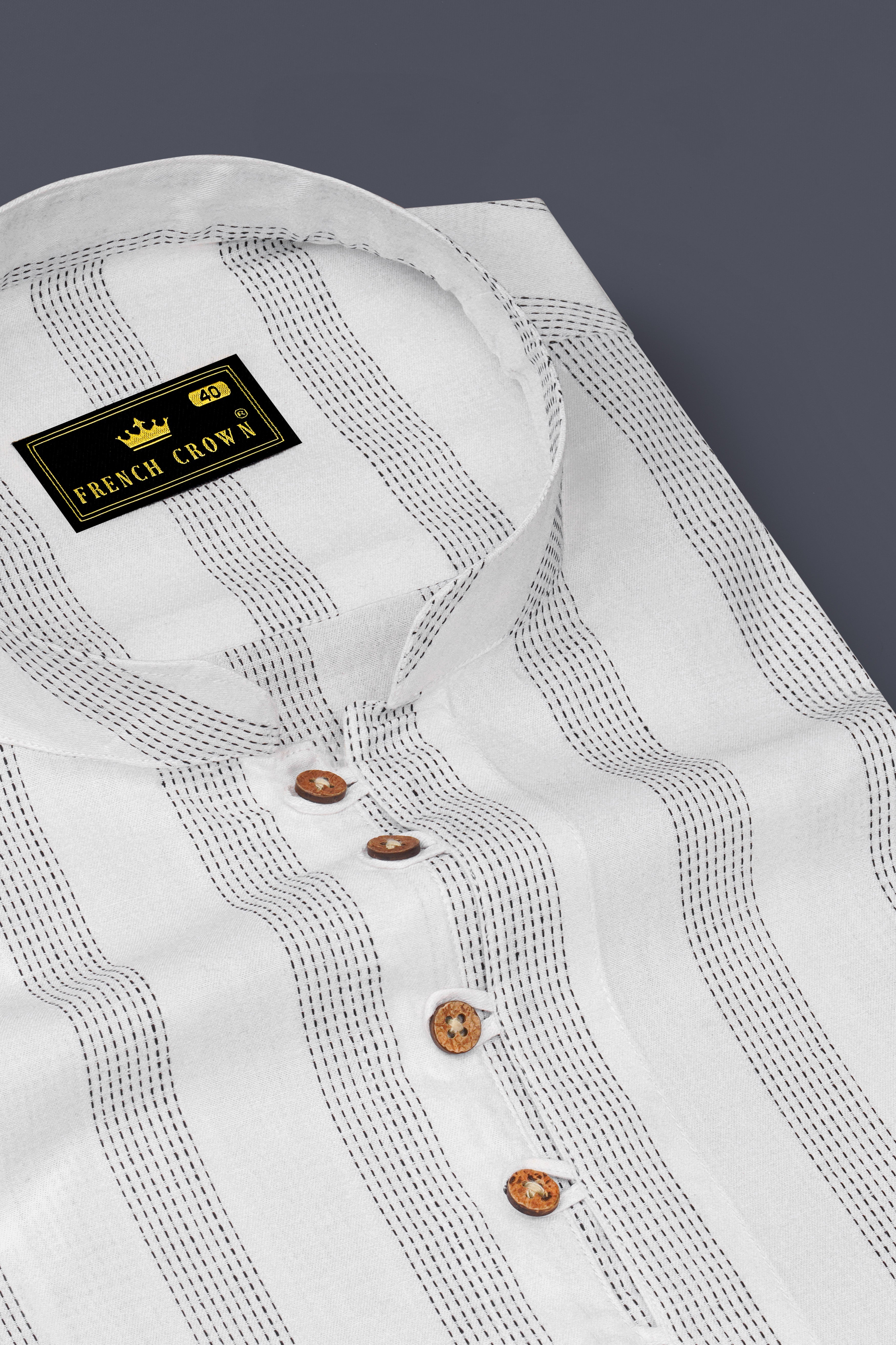 Bright White with Black Striped Dobby Textured Premium Giza Cotton Kurta Shirt