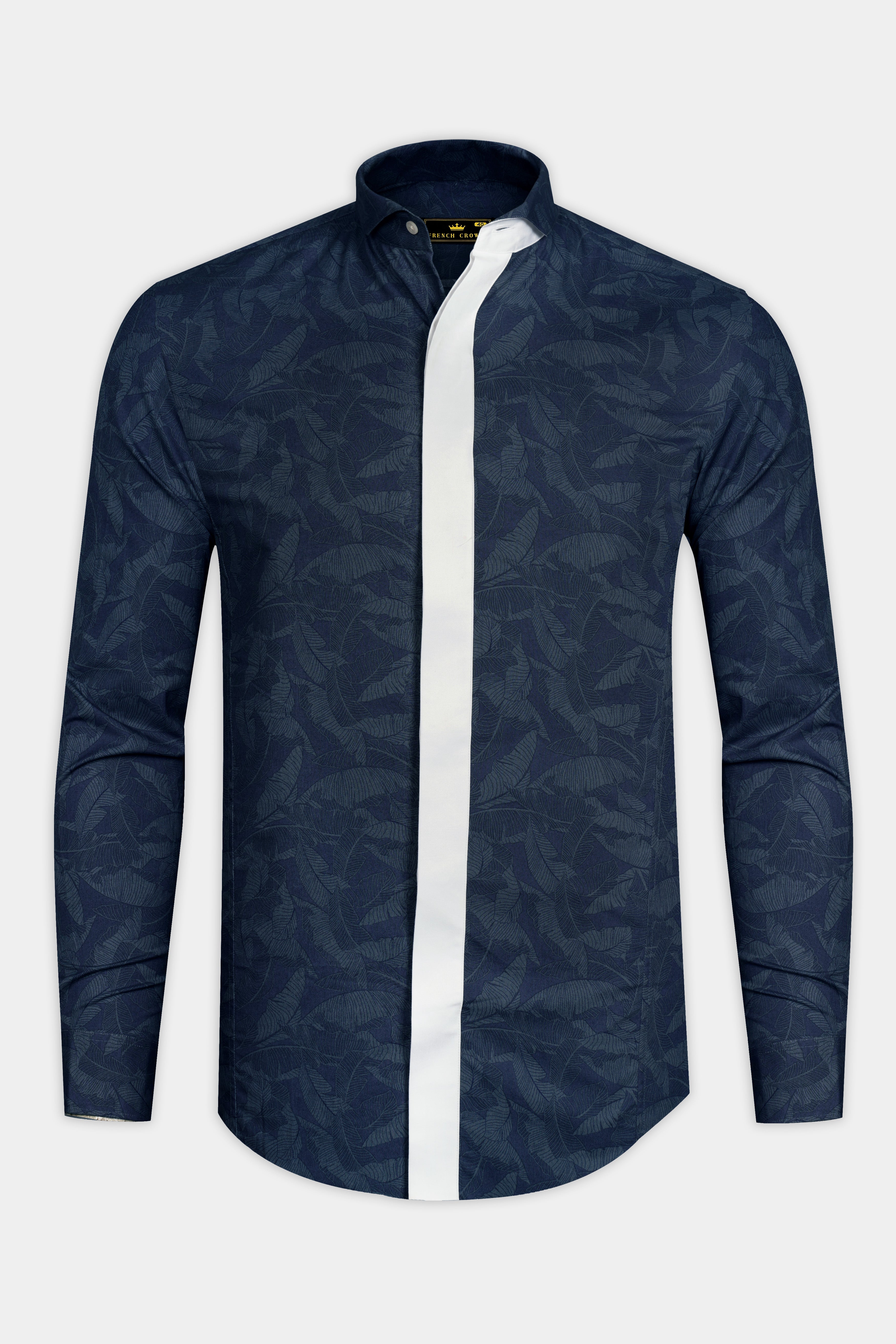 Rhino Blue Leaves Printed Premium Cotton Designer Shirt