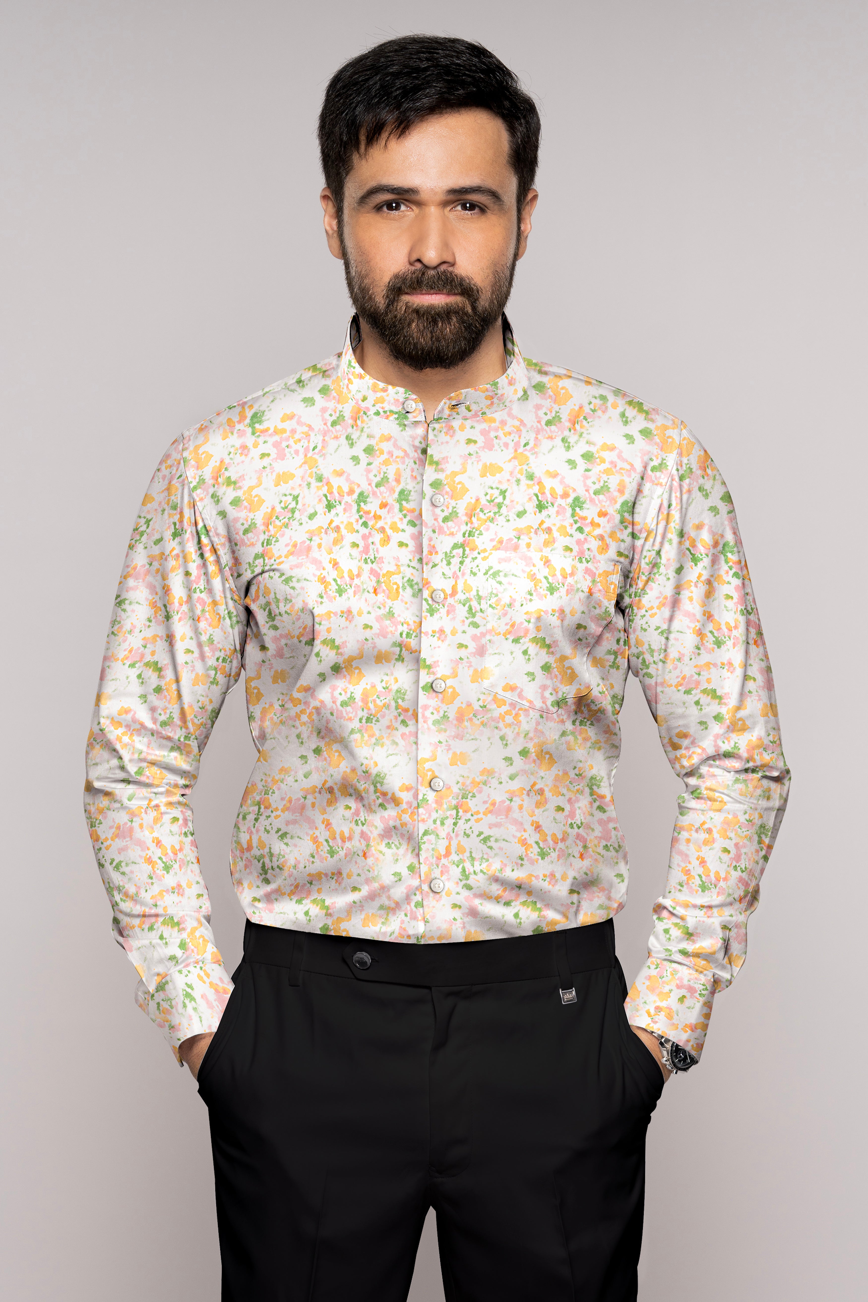 Bright White with Multicolored Printed Premium Cotton Shirt