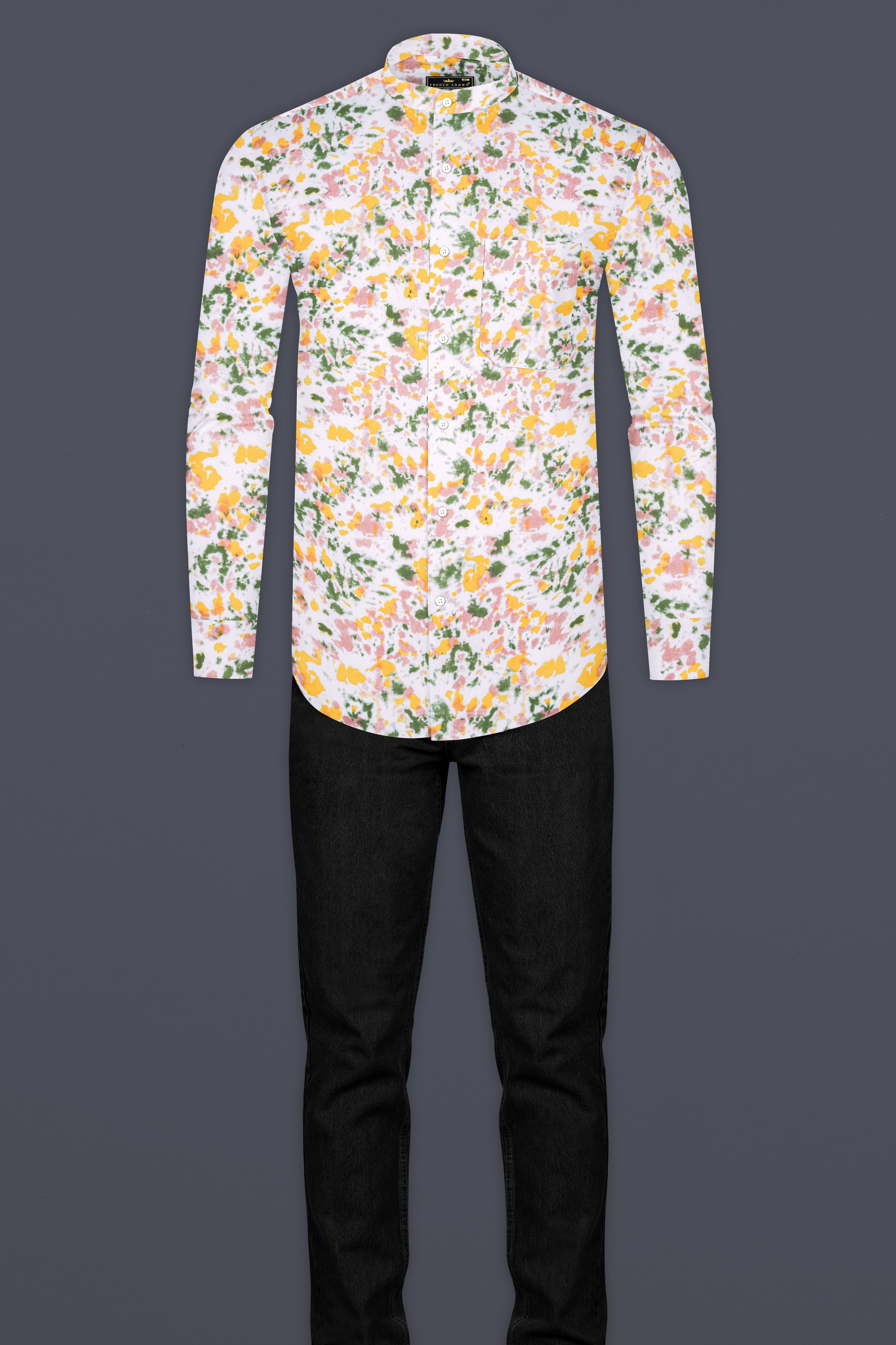 Bright White with Multicolored Printed Premium Cotton Shirt