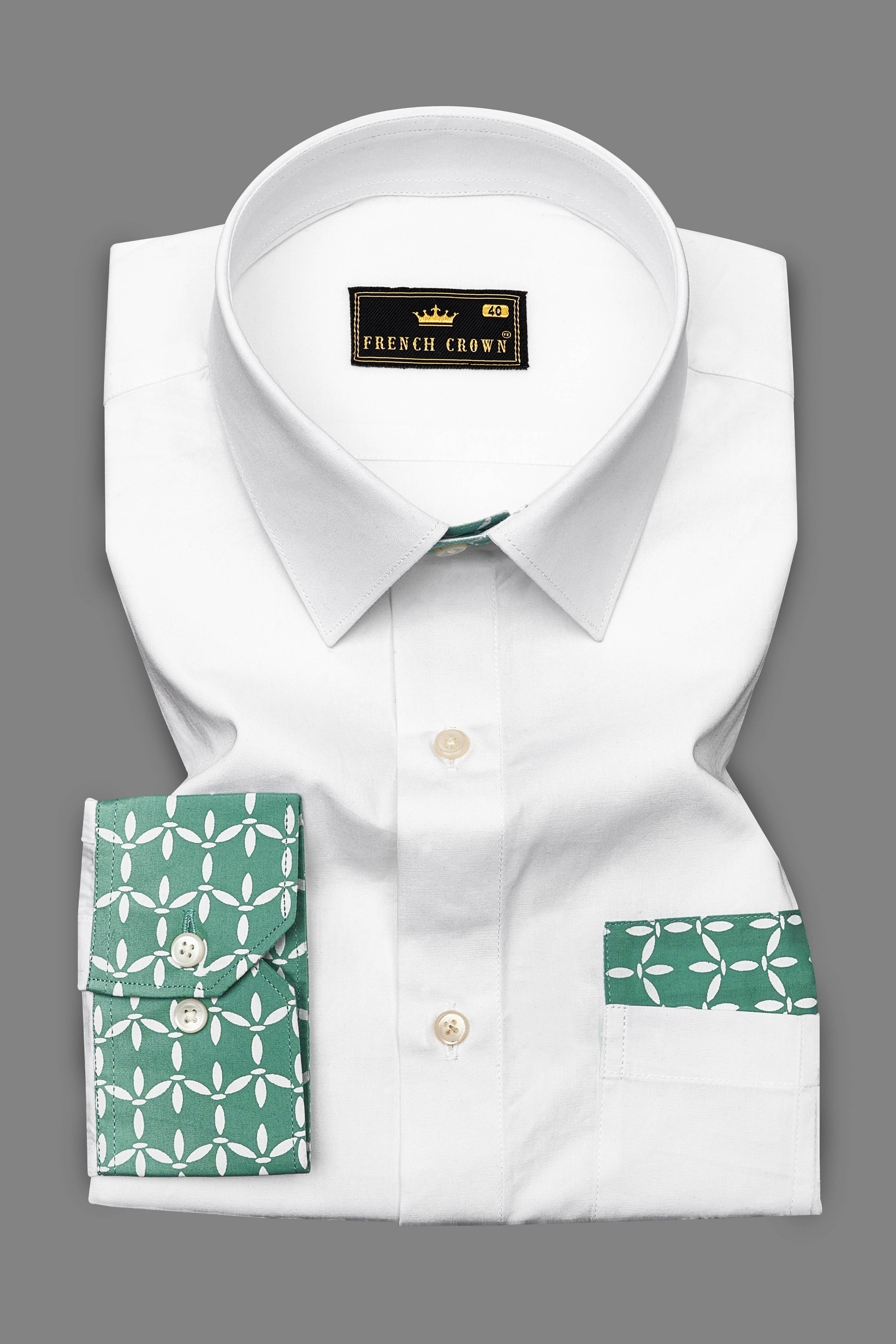 Bright White with Cascade Green Printed Premium Cotton Designer Shirt