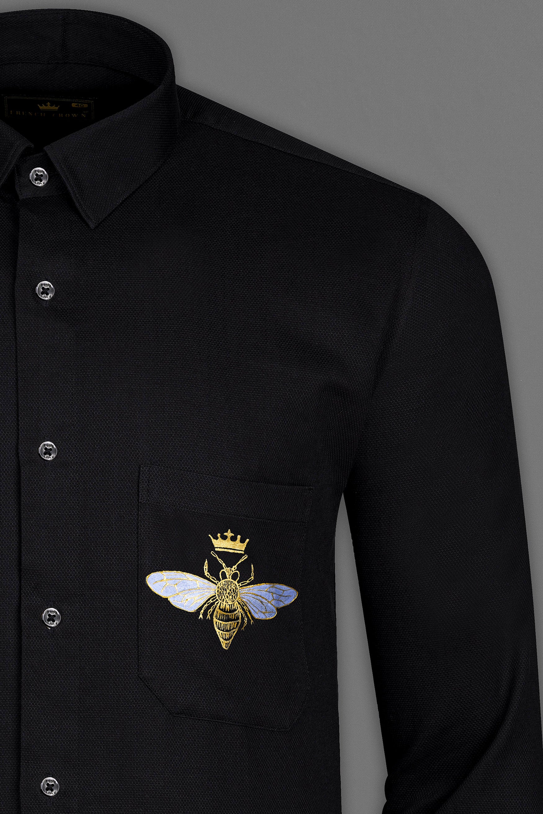 Jade Black Hand Painted Honey Bee Dobby Textured Premium Giza Cotton Designer Shirt