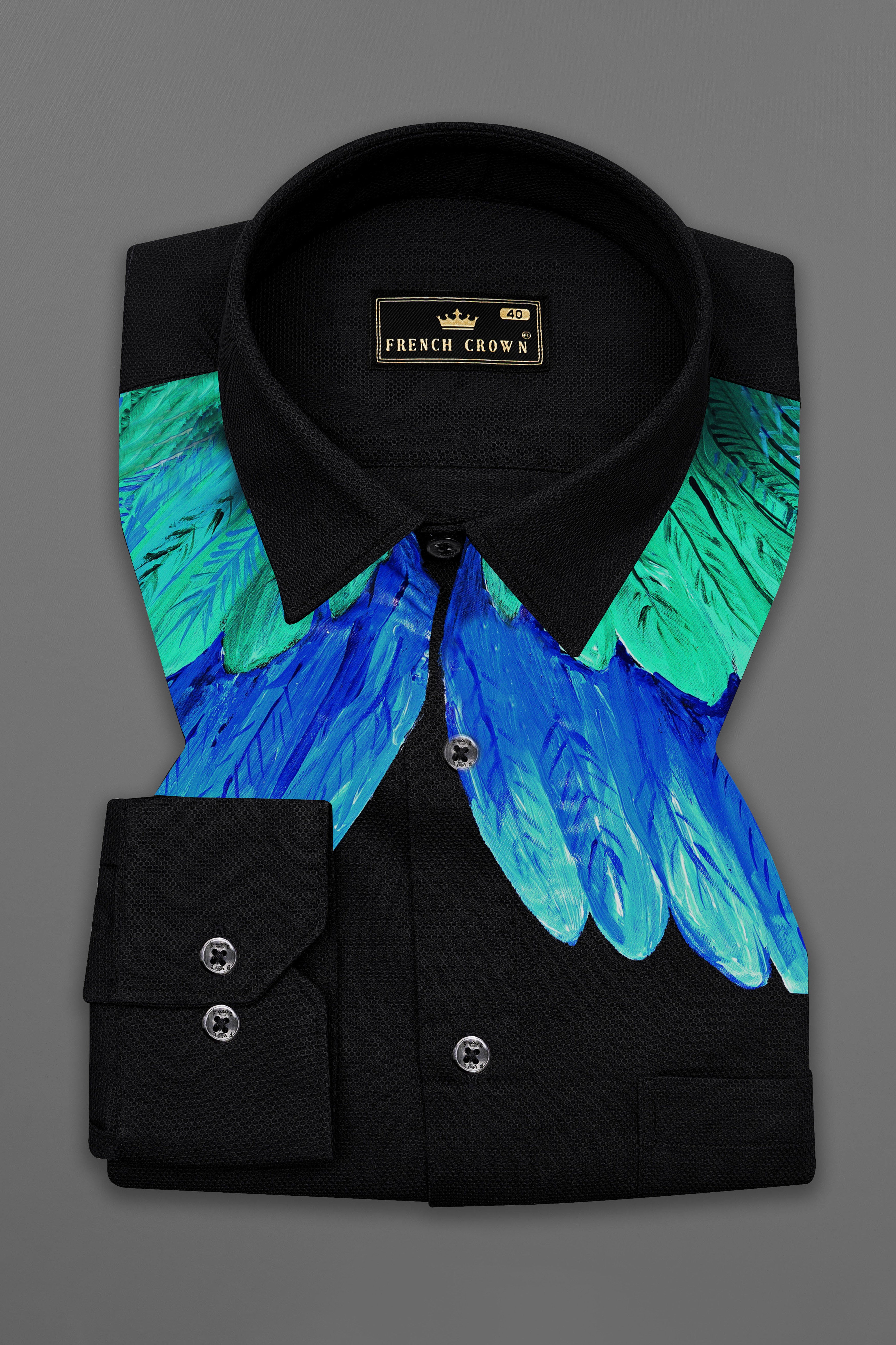 Jade Black Multicolour Wings Hand Painted Dobby Textured Premium Giza Cotton Designer Shirt