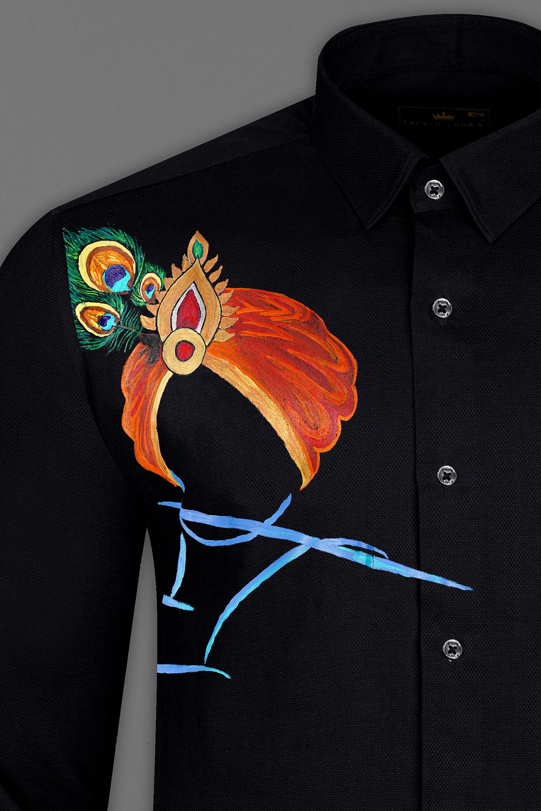 Jade Black Shree Krishna Printed Dobby Textured Premium Giza Cotton Designer Shirt