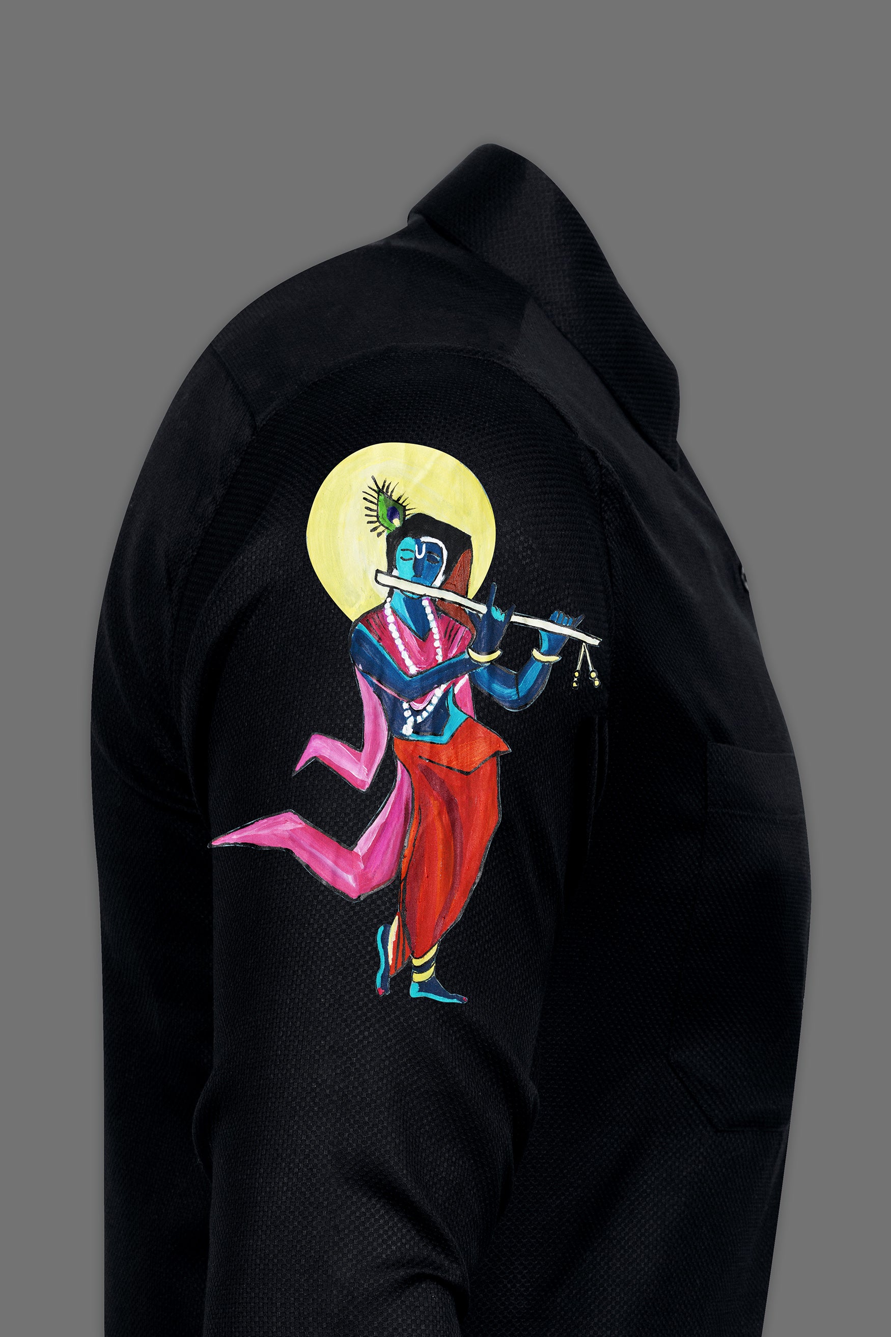 Jade Black Lord Krishna Playing Flute Printed Dobby Textured Premium Giza Cotton Designer Shirt