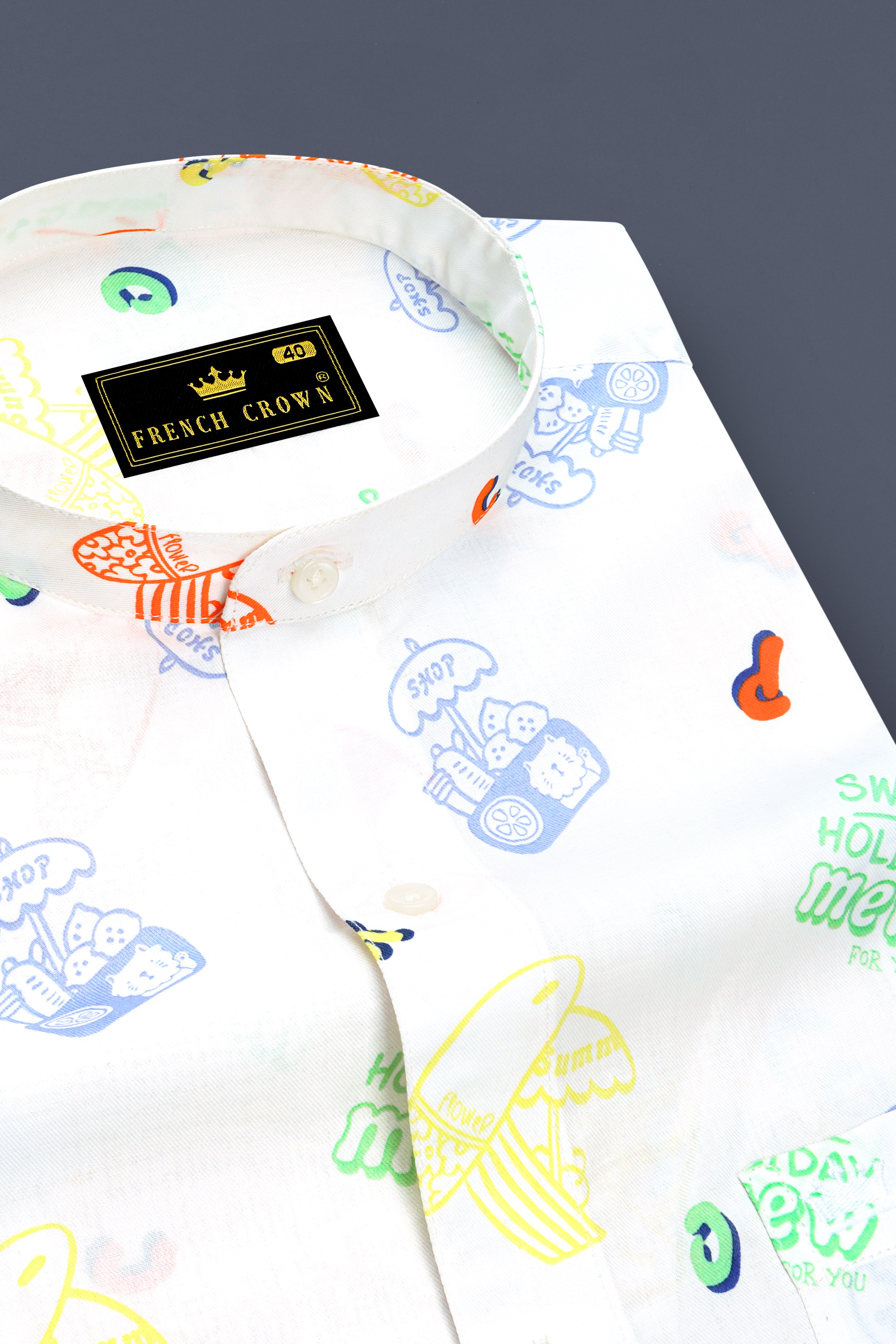 Bright White Multicolour Quirky Printed Premium Cotton Shirt