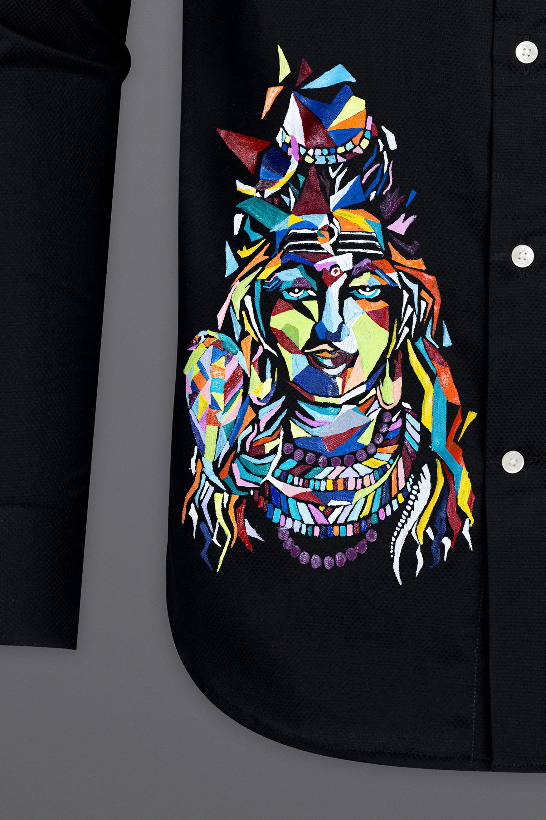 Jade Black Multicoloured Lord Shiva Hand Painted Dobby Textured Premium Giza Cotton Shirt