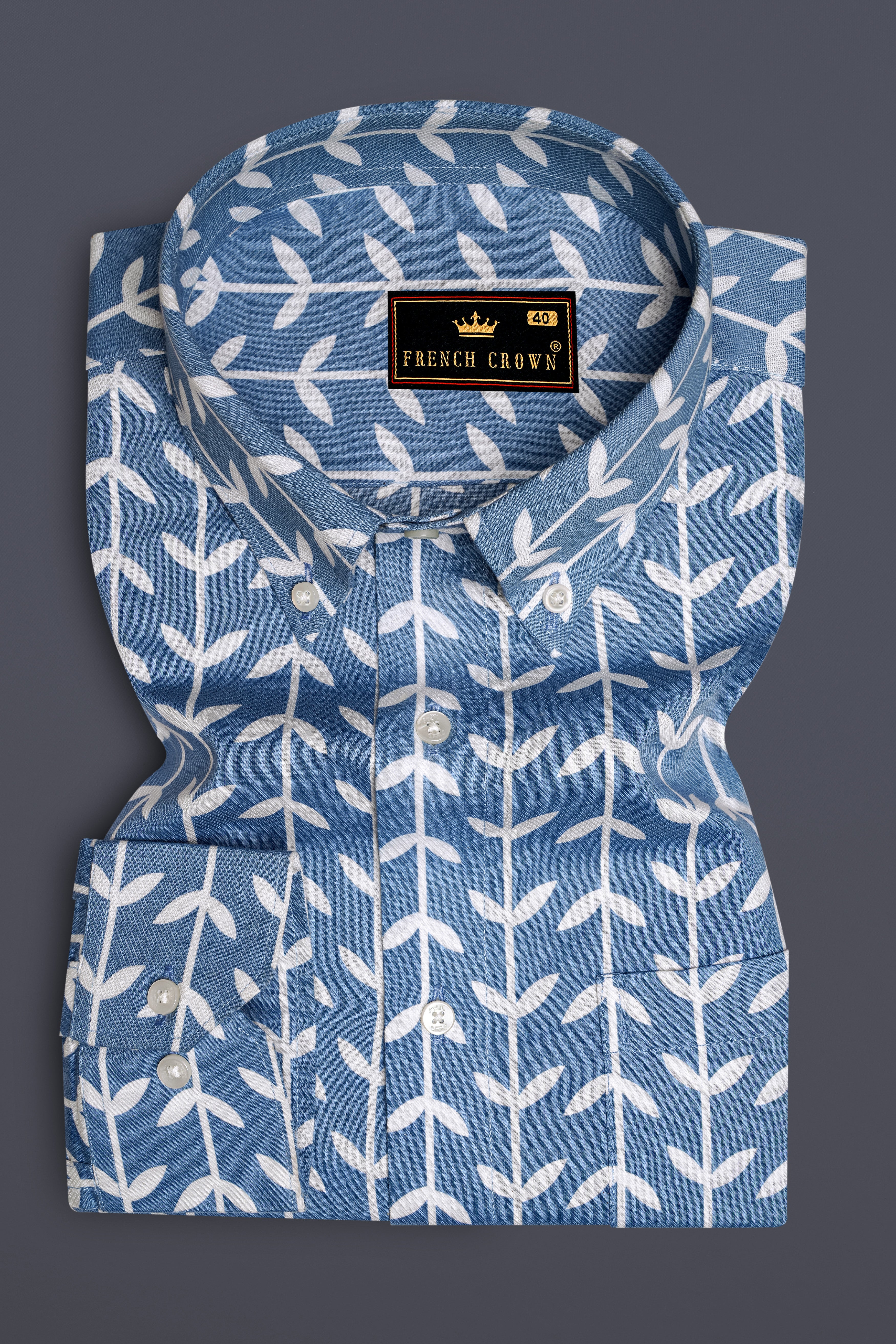 Glaucous Blue with Bright White Twill Printed Premium Cotton Shirt