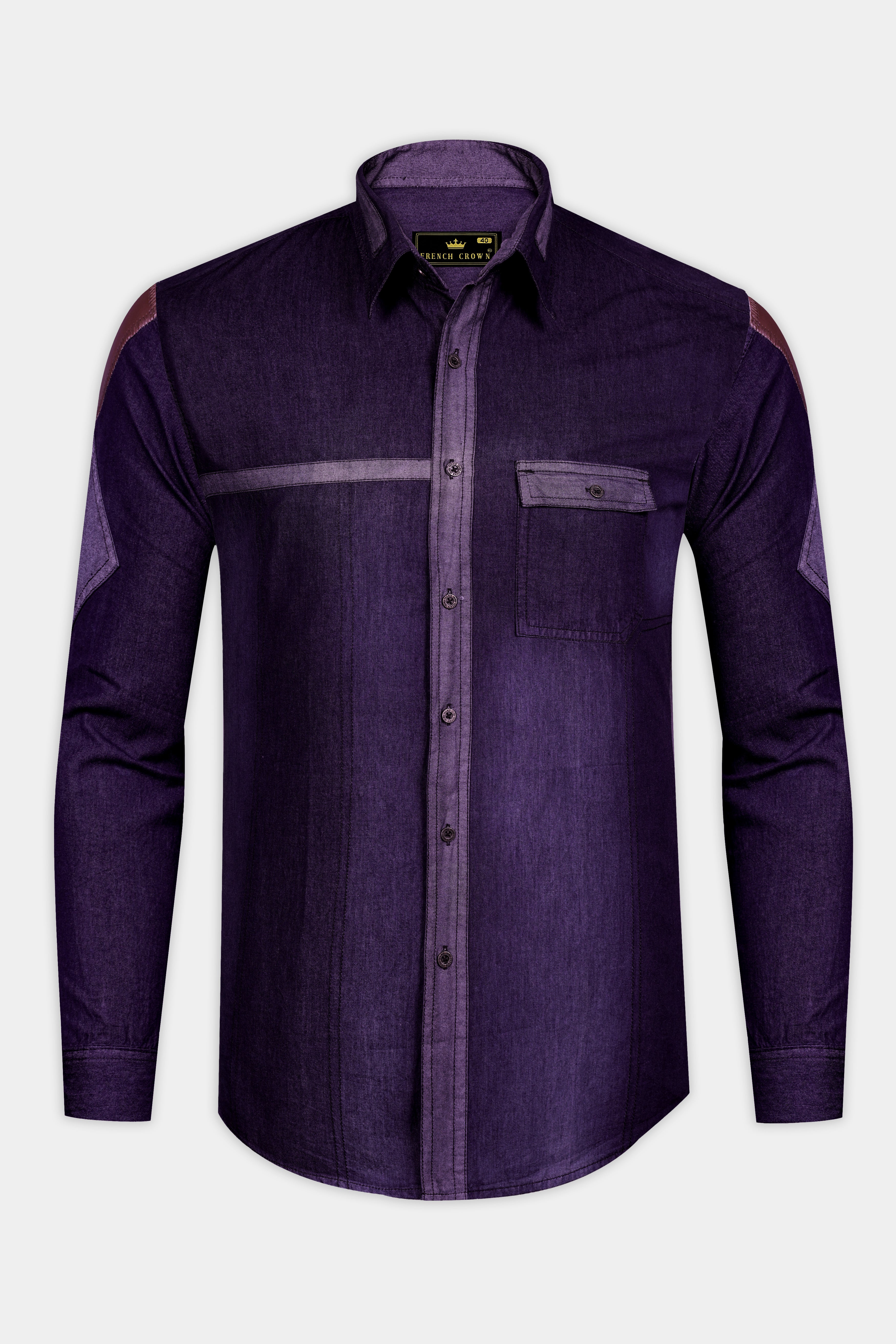 Thunder Purple Chambray Denim Designer Shirt with Brown Patchwork