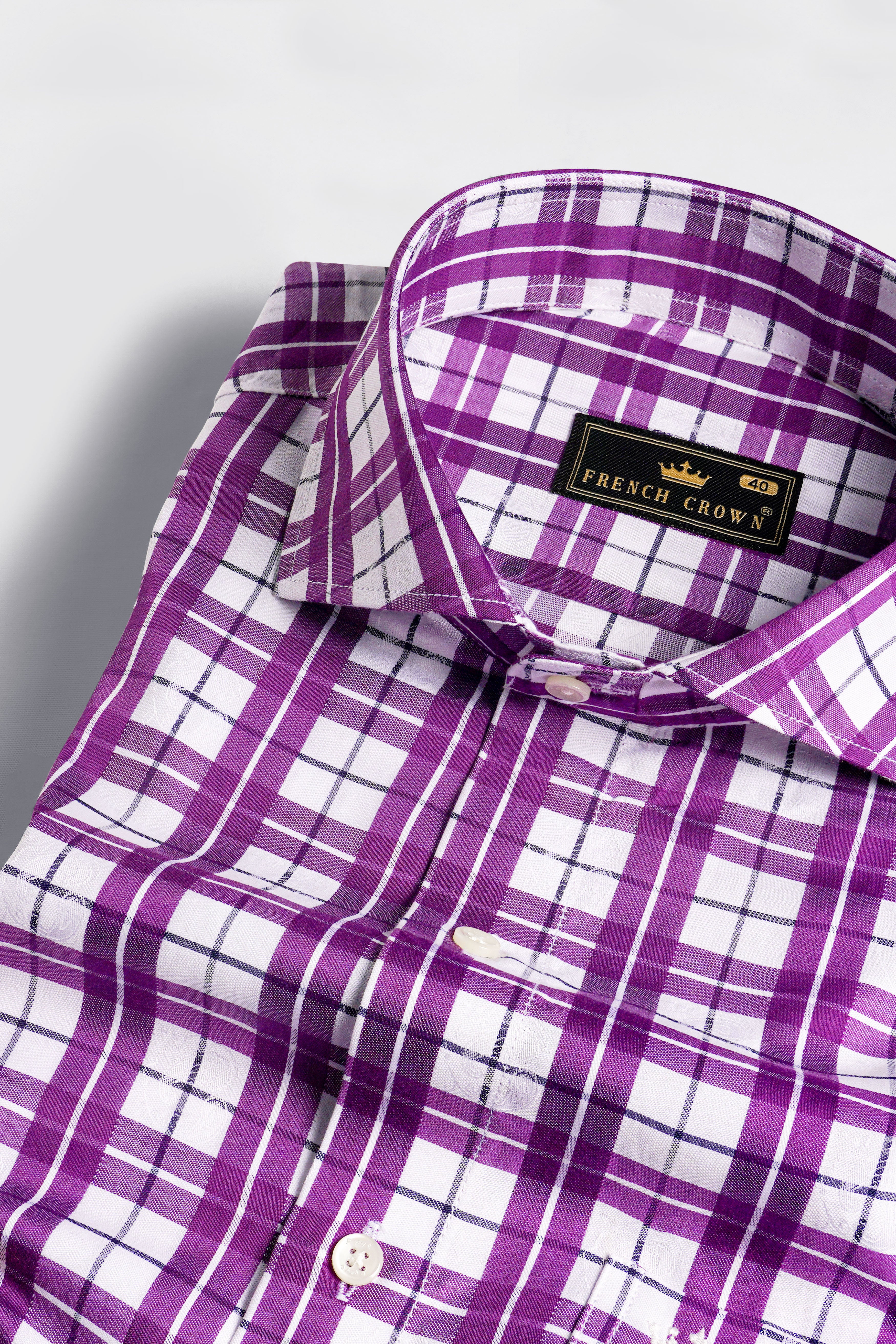 Bright White with Byzantium Purple Checkered Jacquard Textured Premium Giza Cotton Shirt