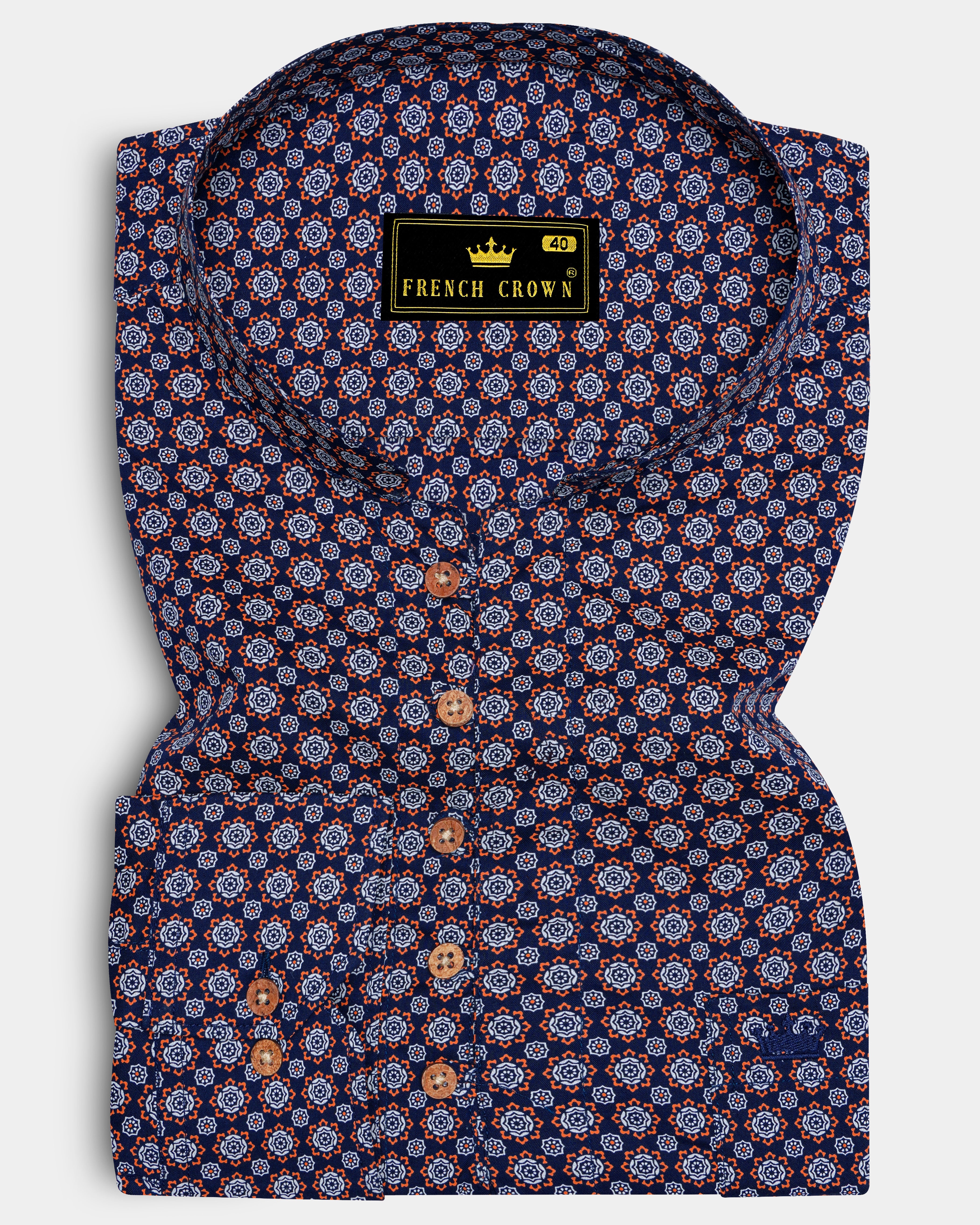 Haiti Blue and Cadmium Orange Printed Royal Oxford Kurta Shirt