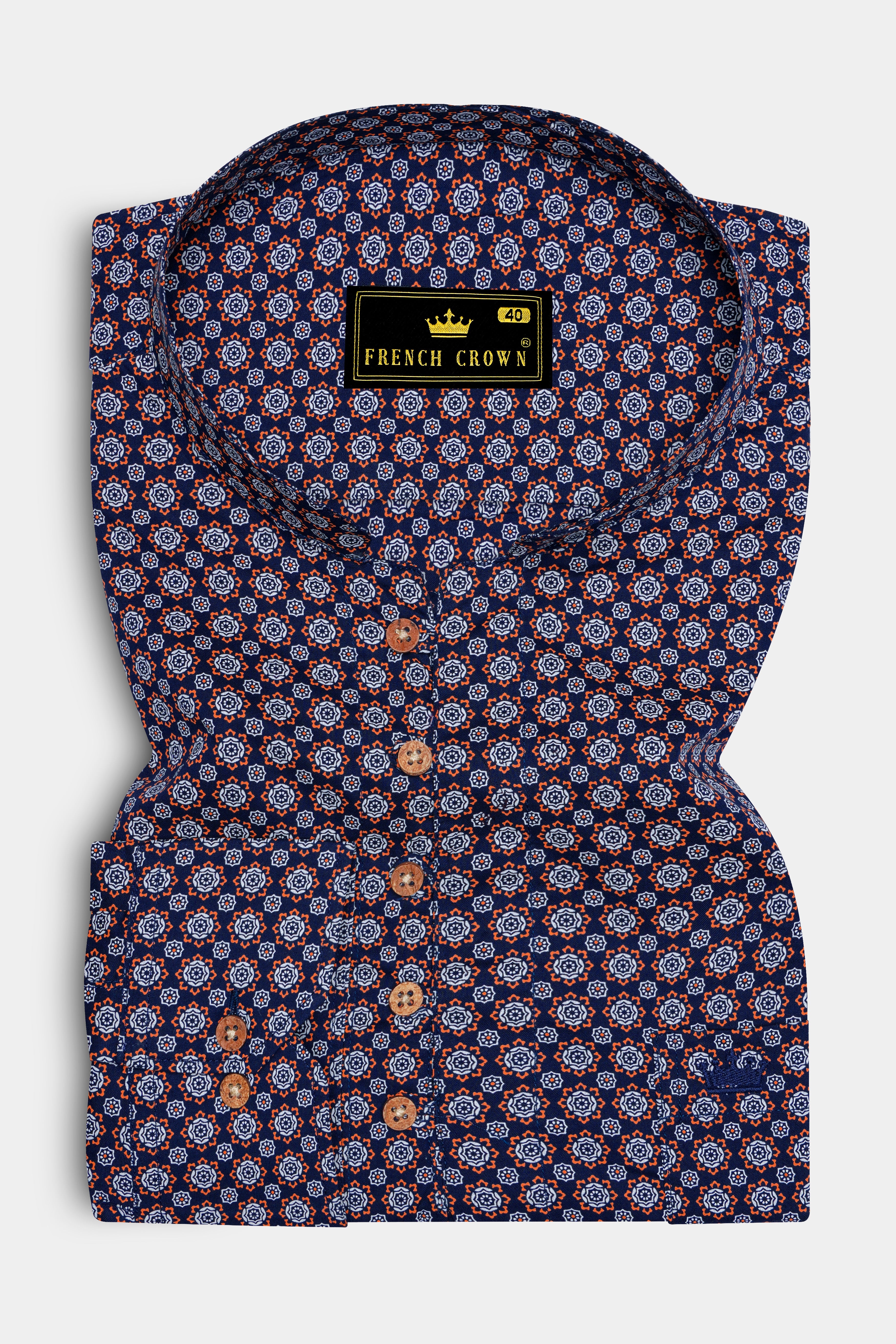 Haiti Blue and Cadmium Orange Printed Royal Oxford Kurta Shirt