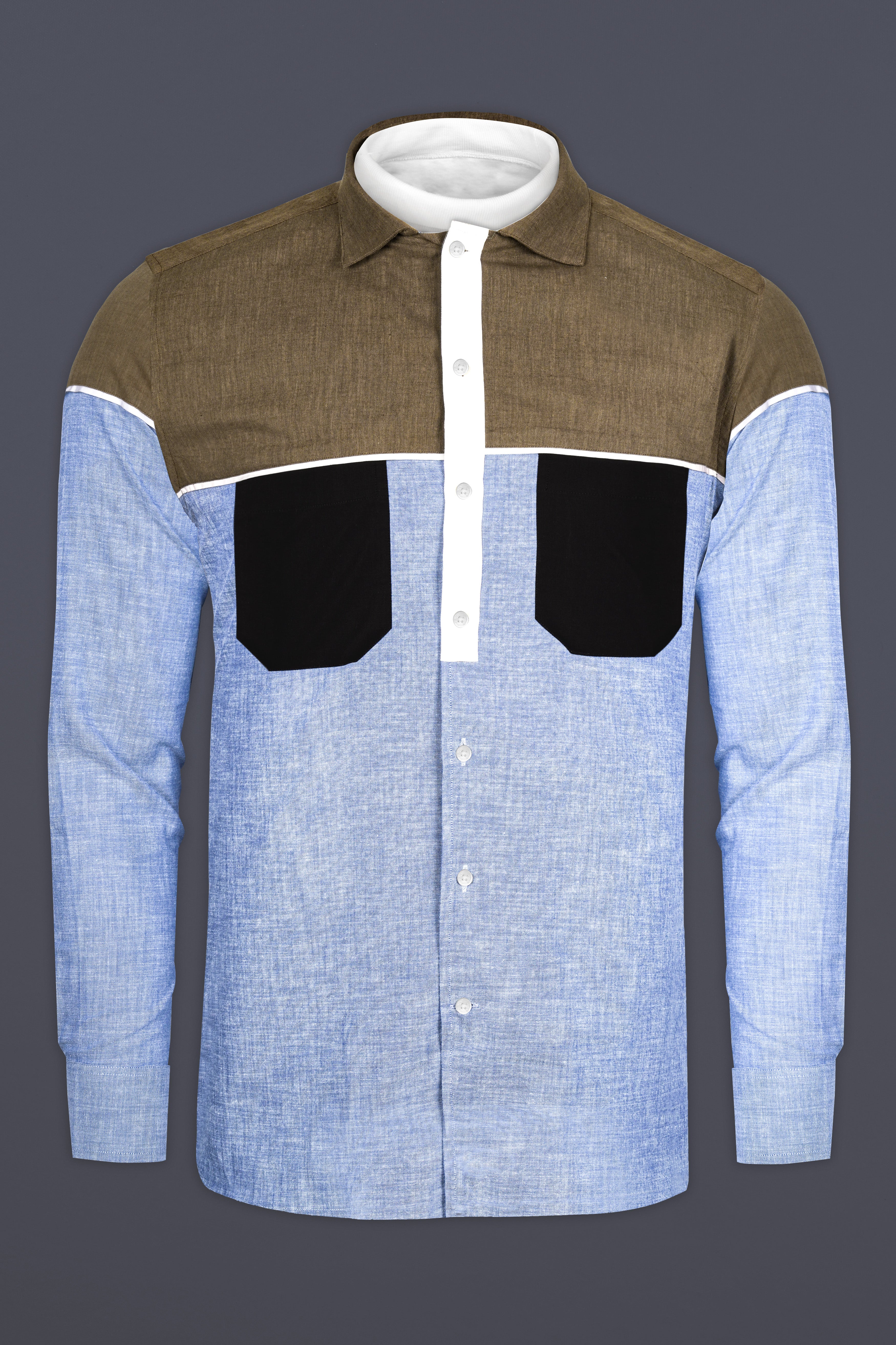 Carolina Blue with Brown and Black Luxurious Linen Designer Shirt