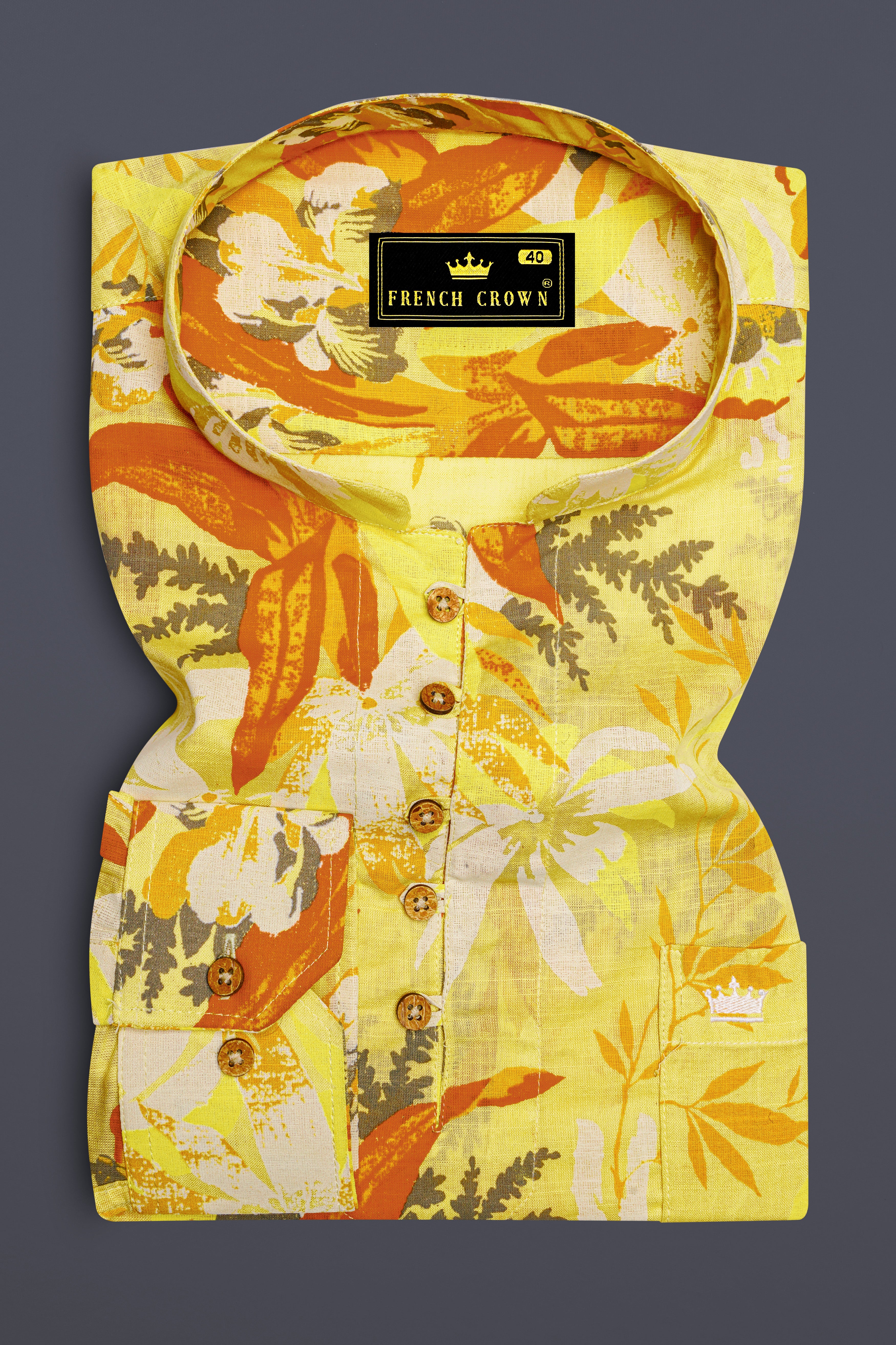 Colonial Yellow Multicolour Floral Printed Luxurious Linen Kurta Shirt