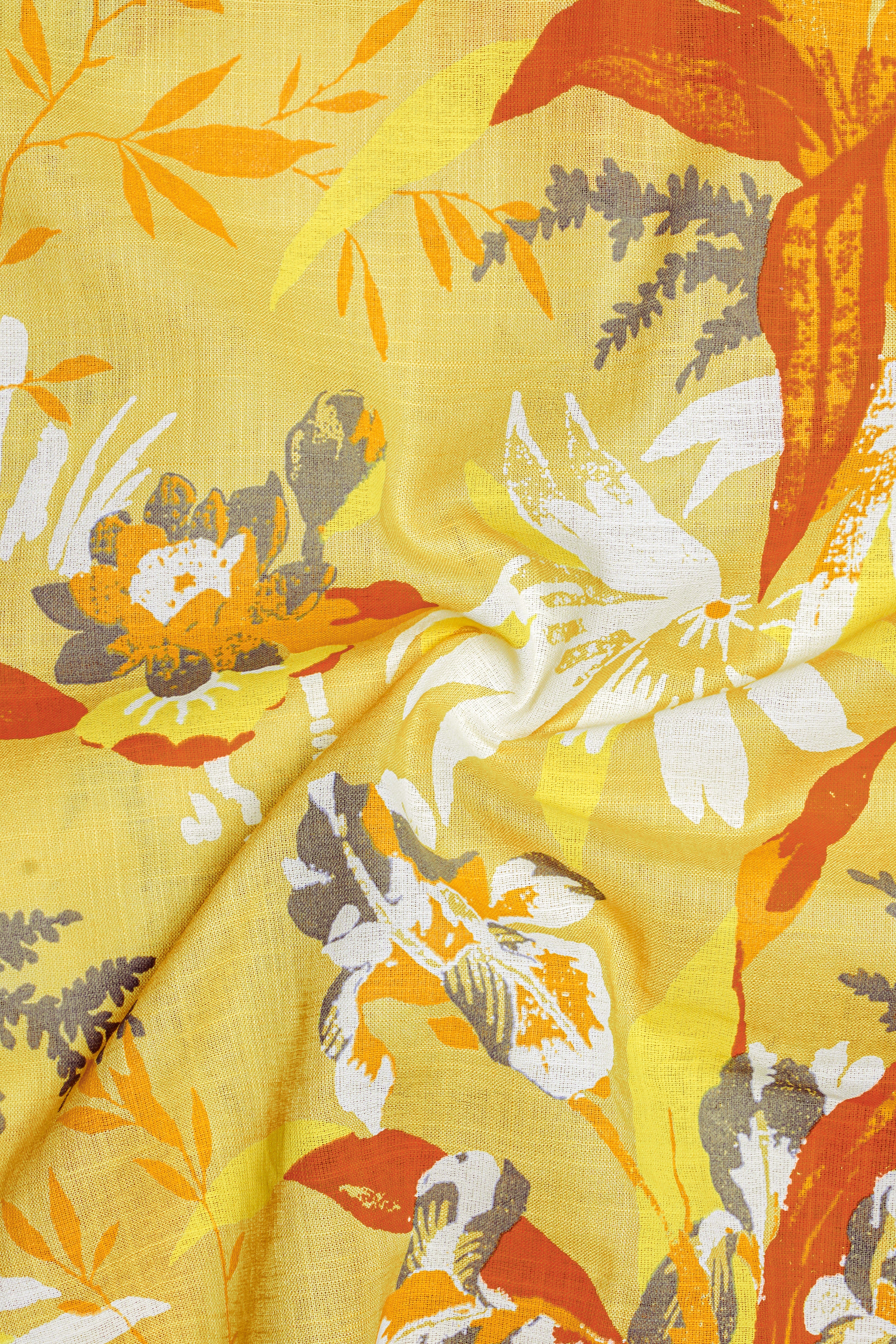 Colonial Yellow Multicolour Floral Printed Luxurious Linen Kurta Shirt