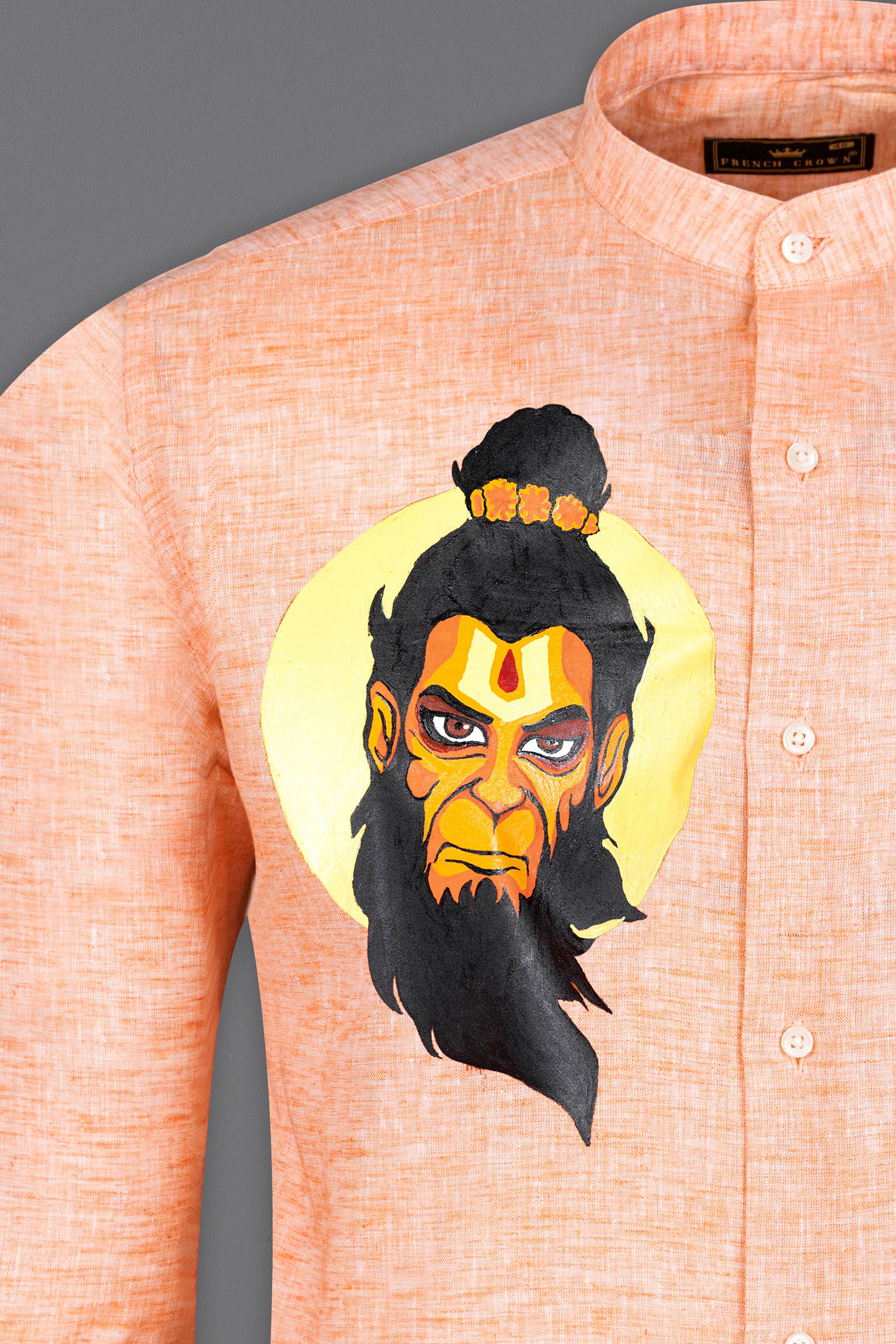 Tacao Peach Lord Hanuman Hand Painted Luxurious Linen Designer Shirt