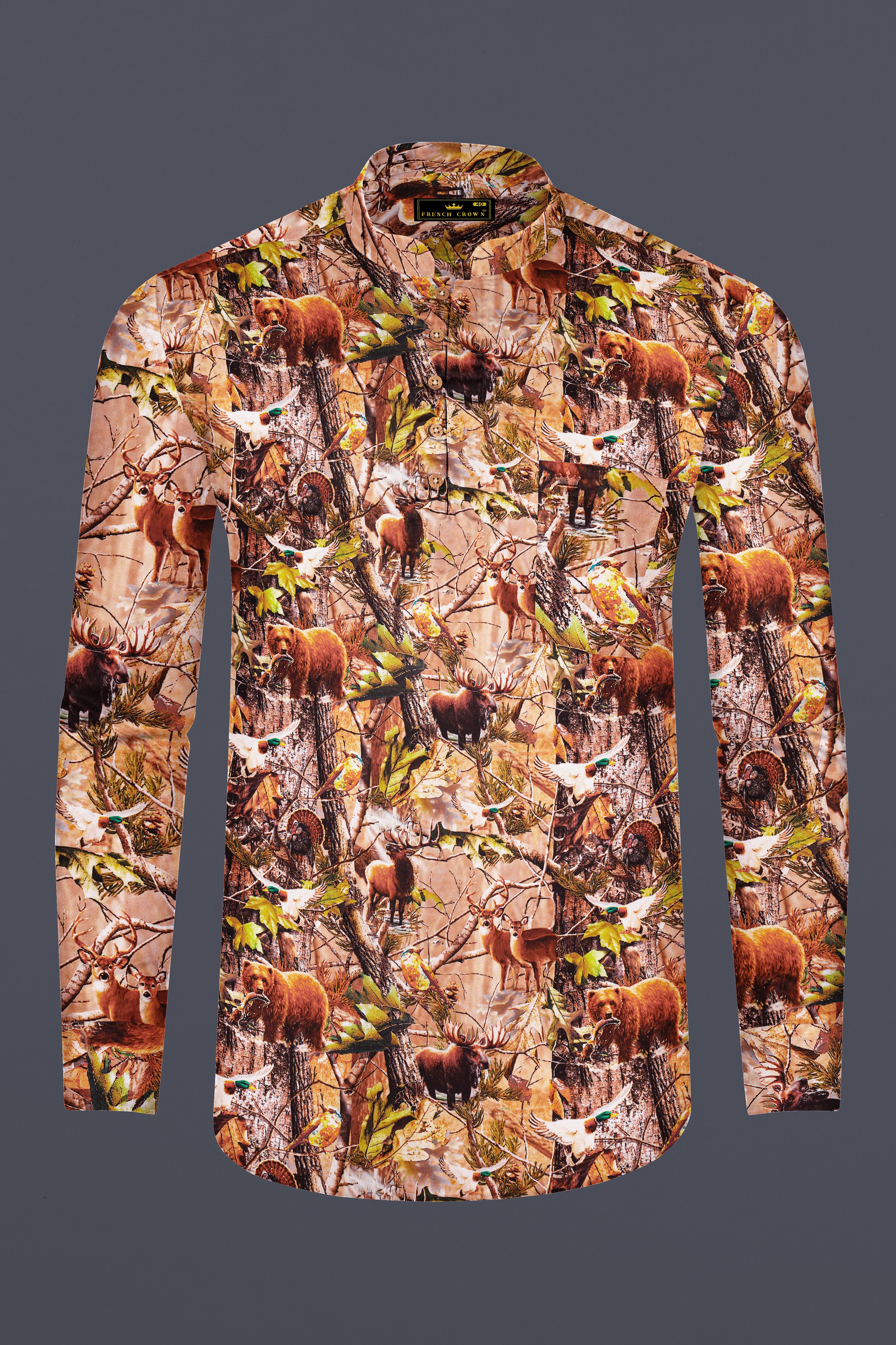 Mandys Beige Multicolour Tropical Printed Premium Cotton Kurta Shirt