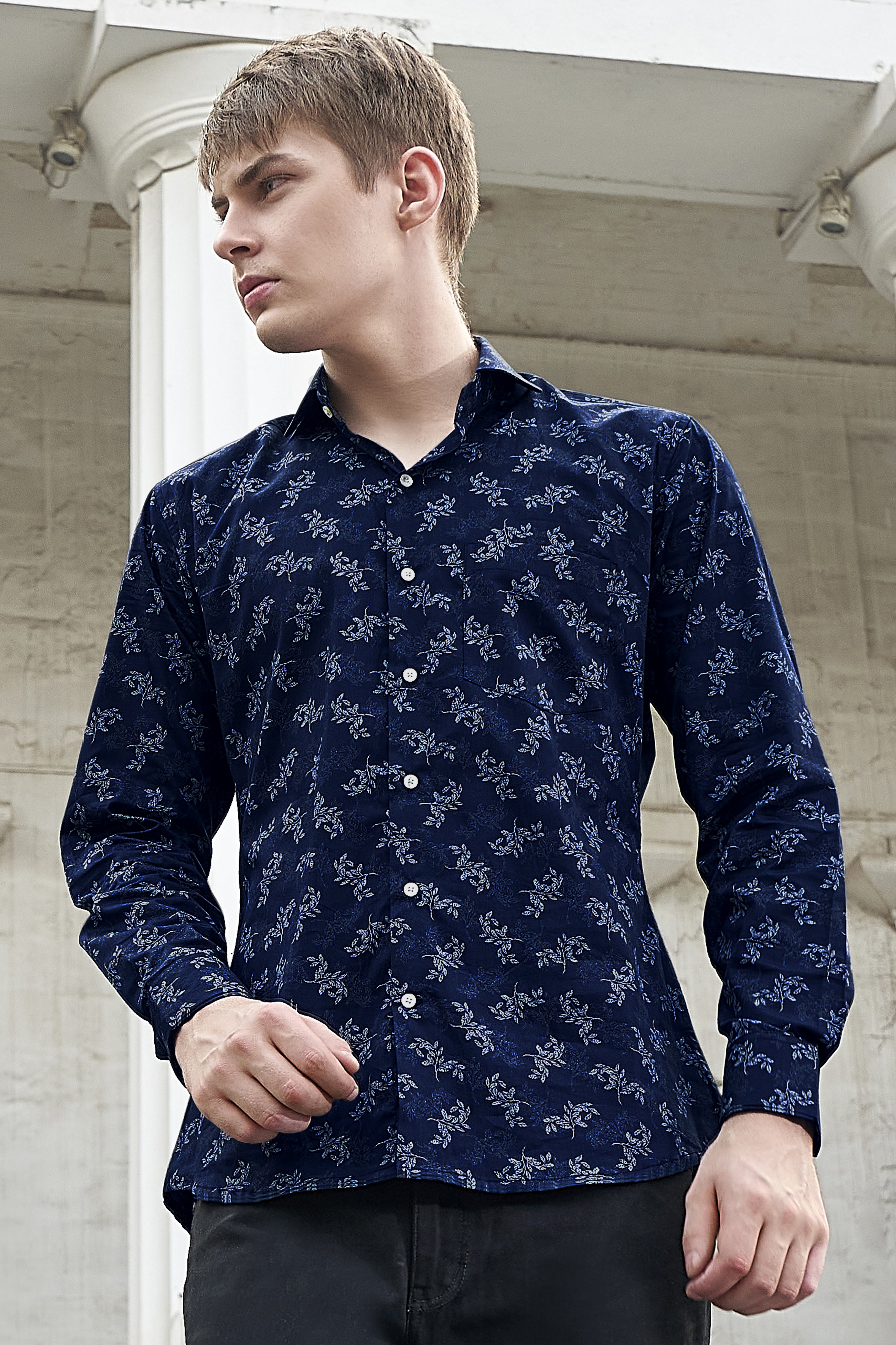 Baltic Navy Blue With Ditsy Printed Super Soft Premium Cotton Shirt