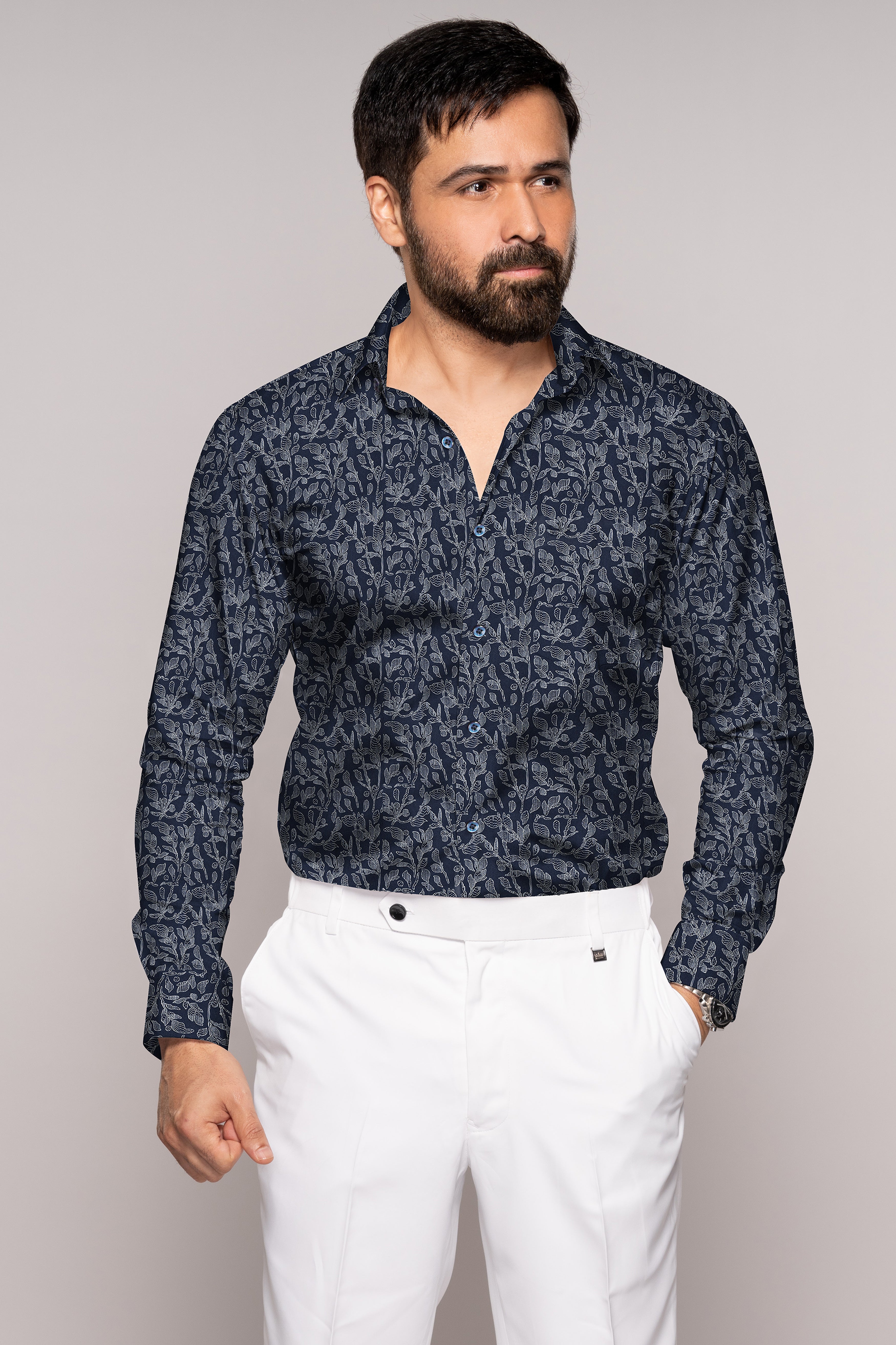 Ebony Clay Blue with Leaves Printed Super Soft Premium Cotton Shirt