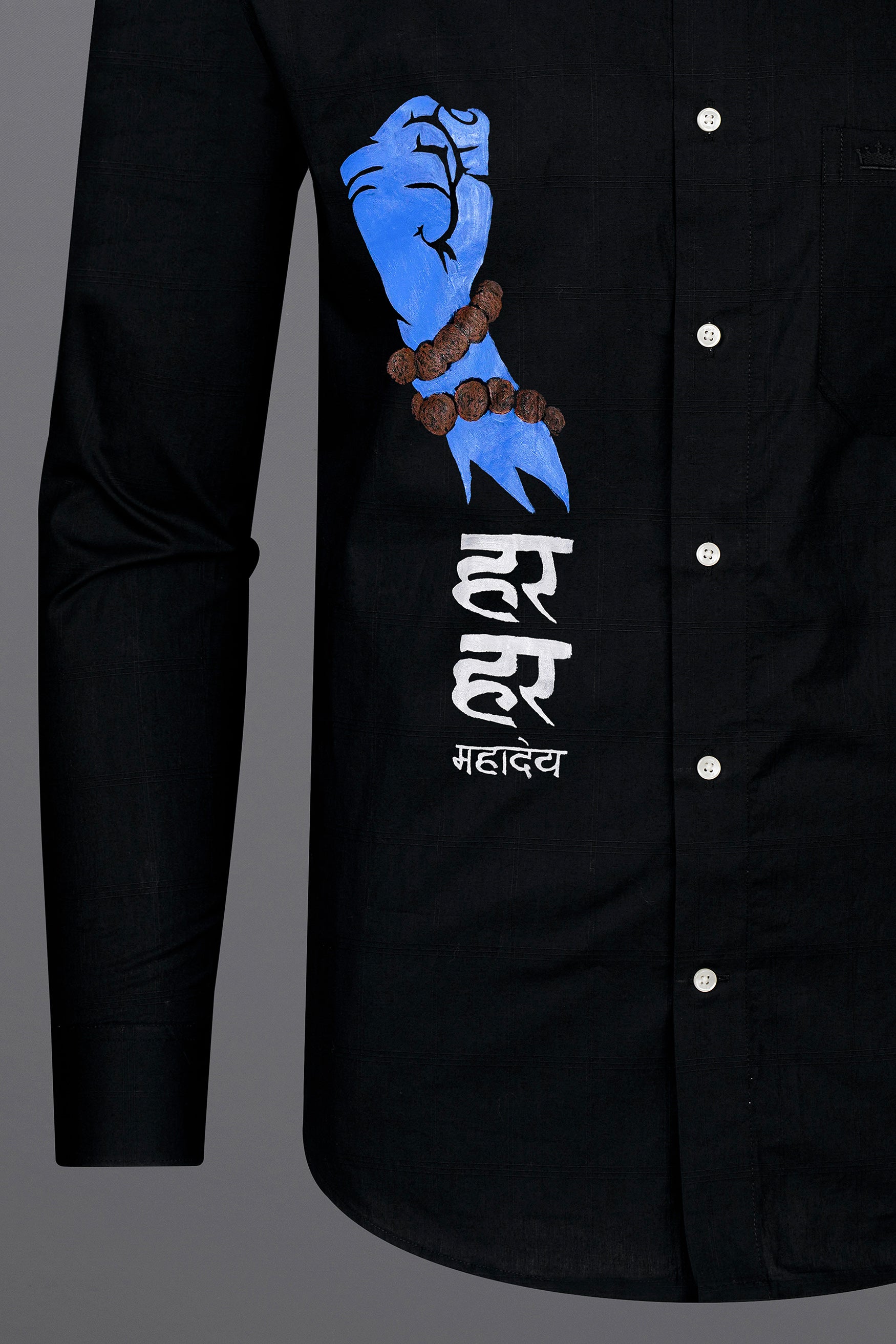 Jade Black Har Har Mahadev Hand Painted Dobby Textured Premium Giza Cotton Designer Shirt