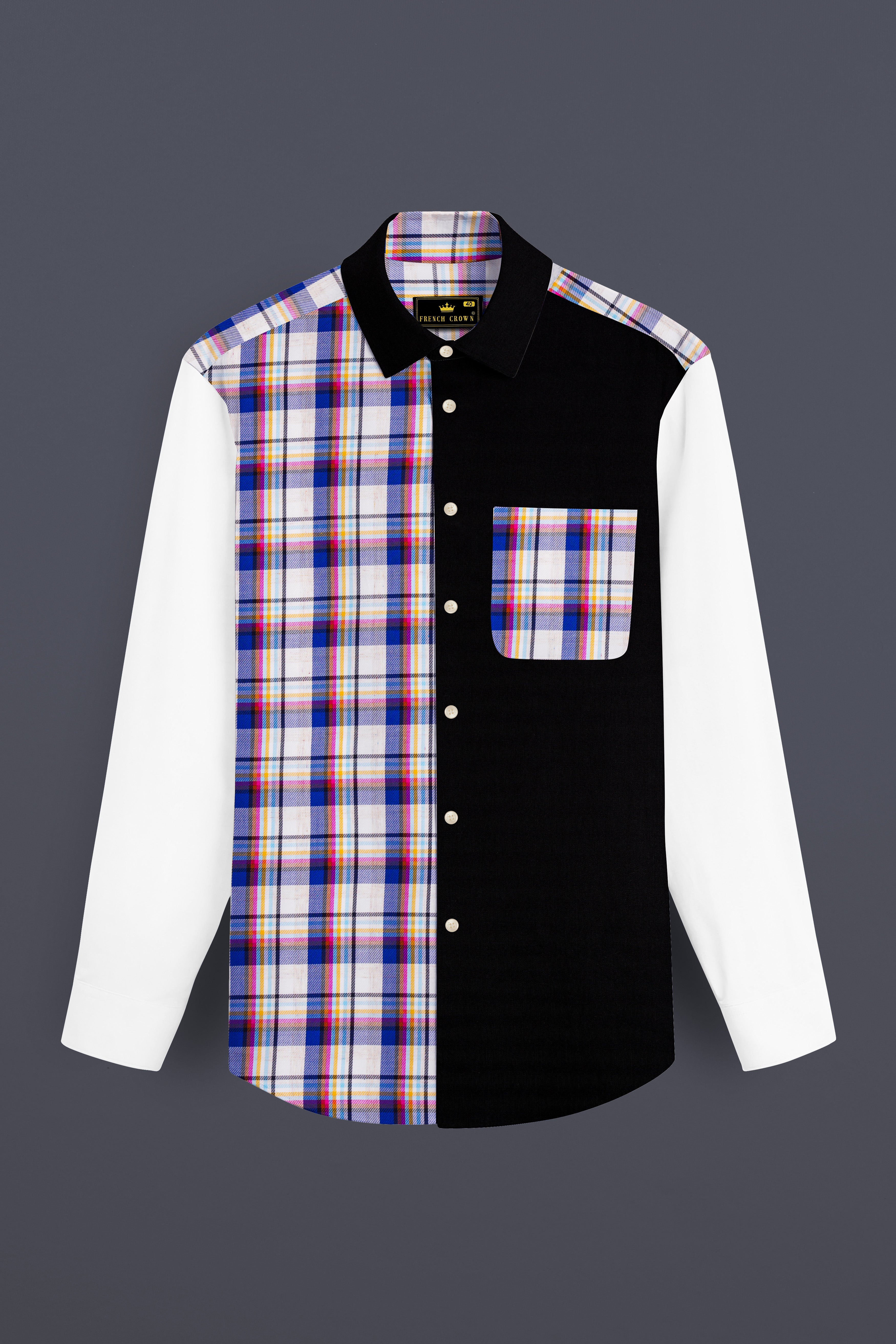 Bright White with Black and Cobalt Blue Checkered Super Soft Premium Cotton Designer Shirt